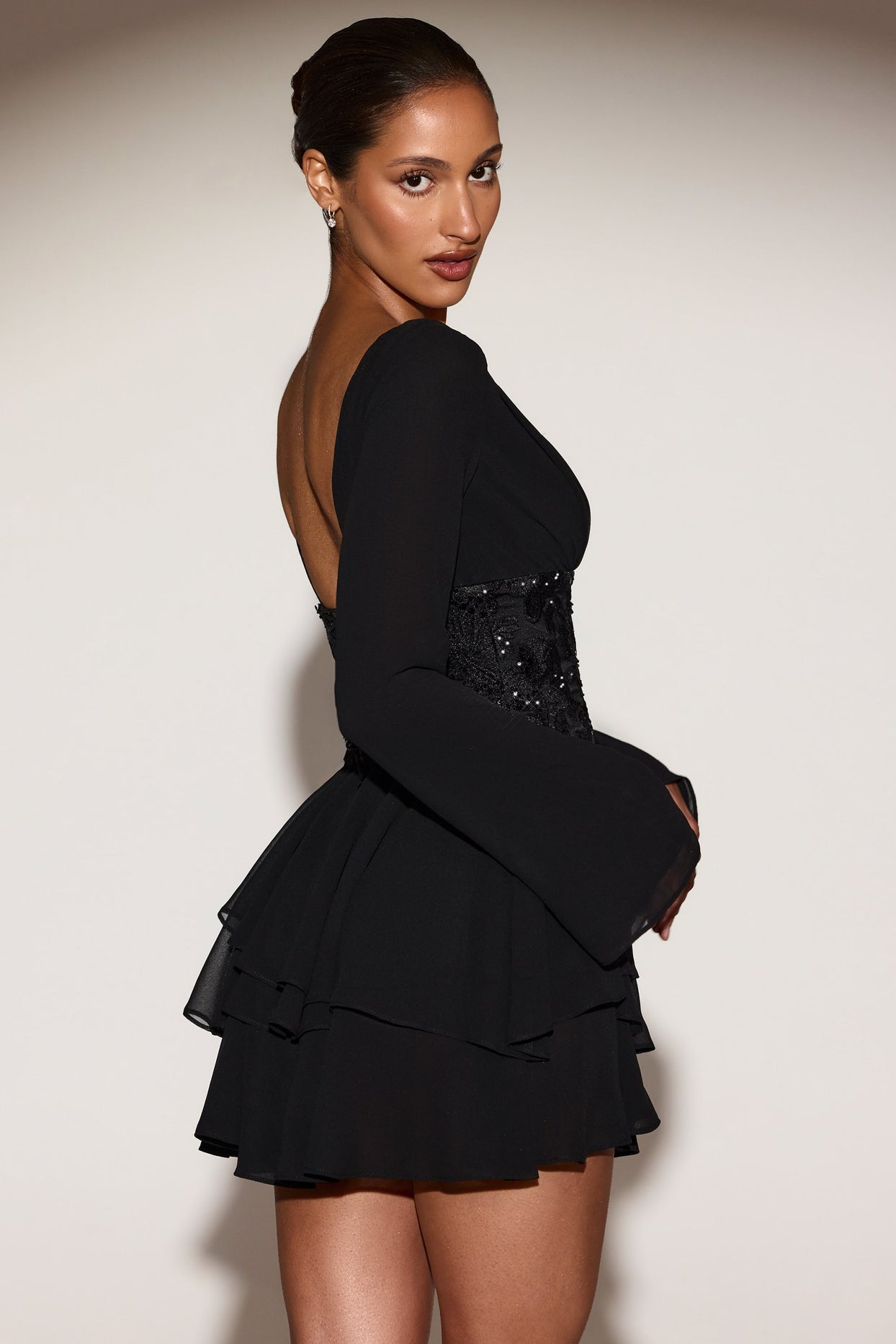 Chiffon Embellished Corset A-line Mini Dress in Black - 7