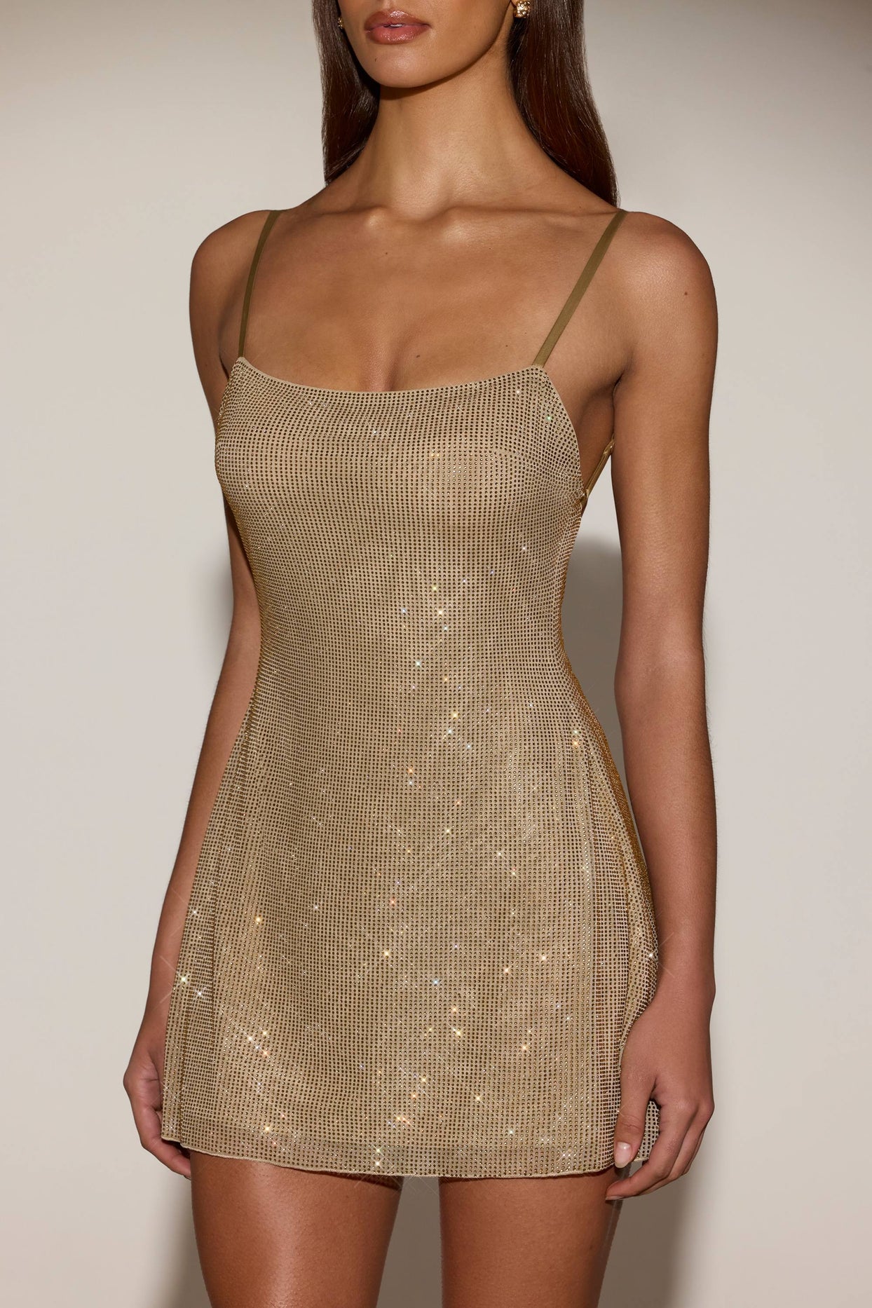 Embellished Soft-Scoop Backless Fitted Mini Dress in Gold - 6