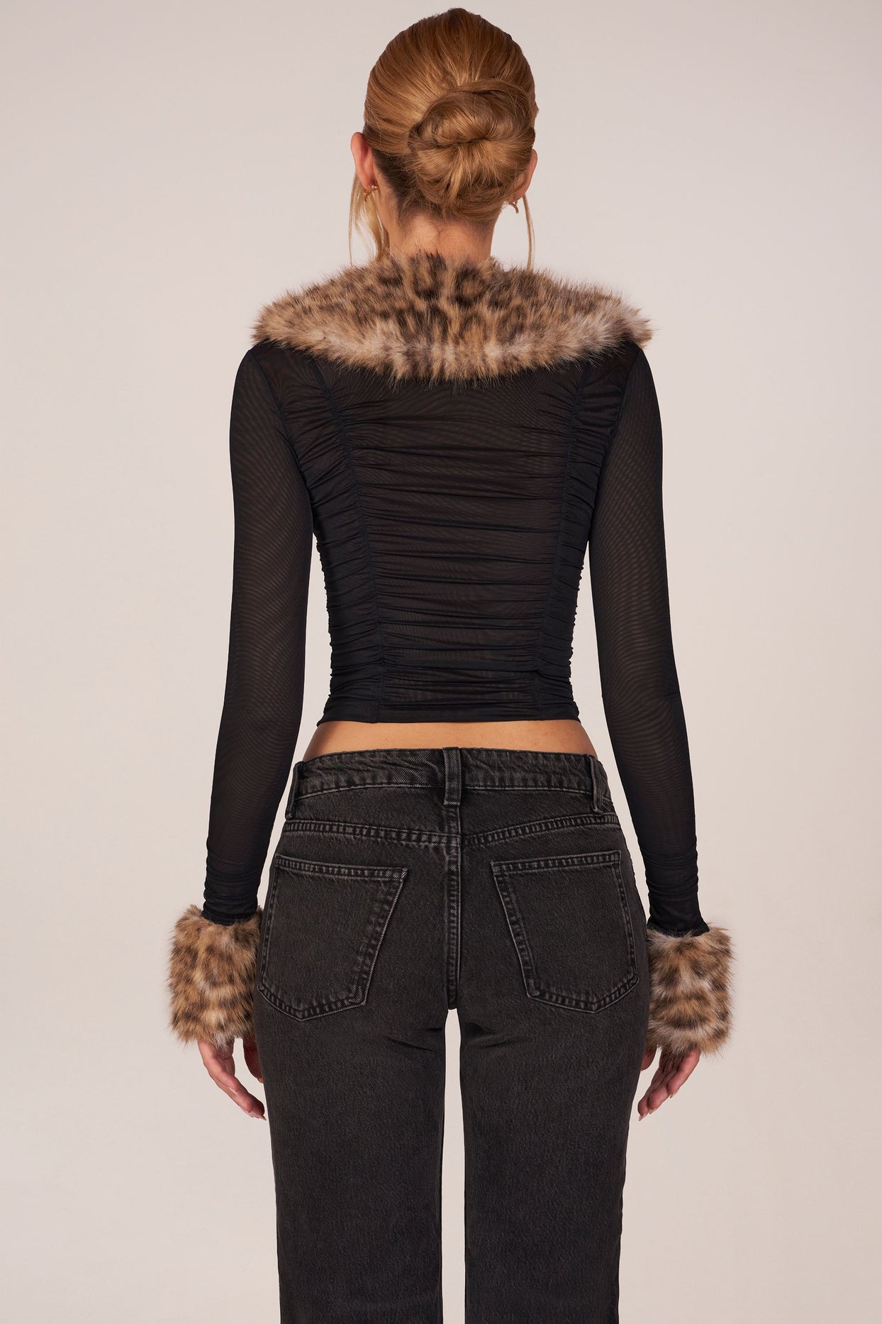 Faux Fur-Trim Sheer Mesh Cardigan in Black - 6