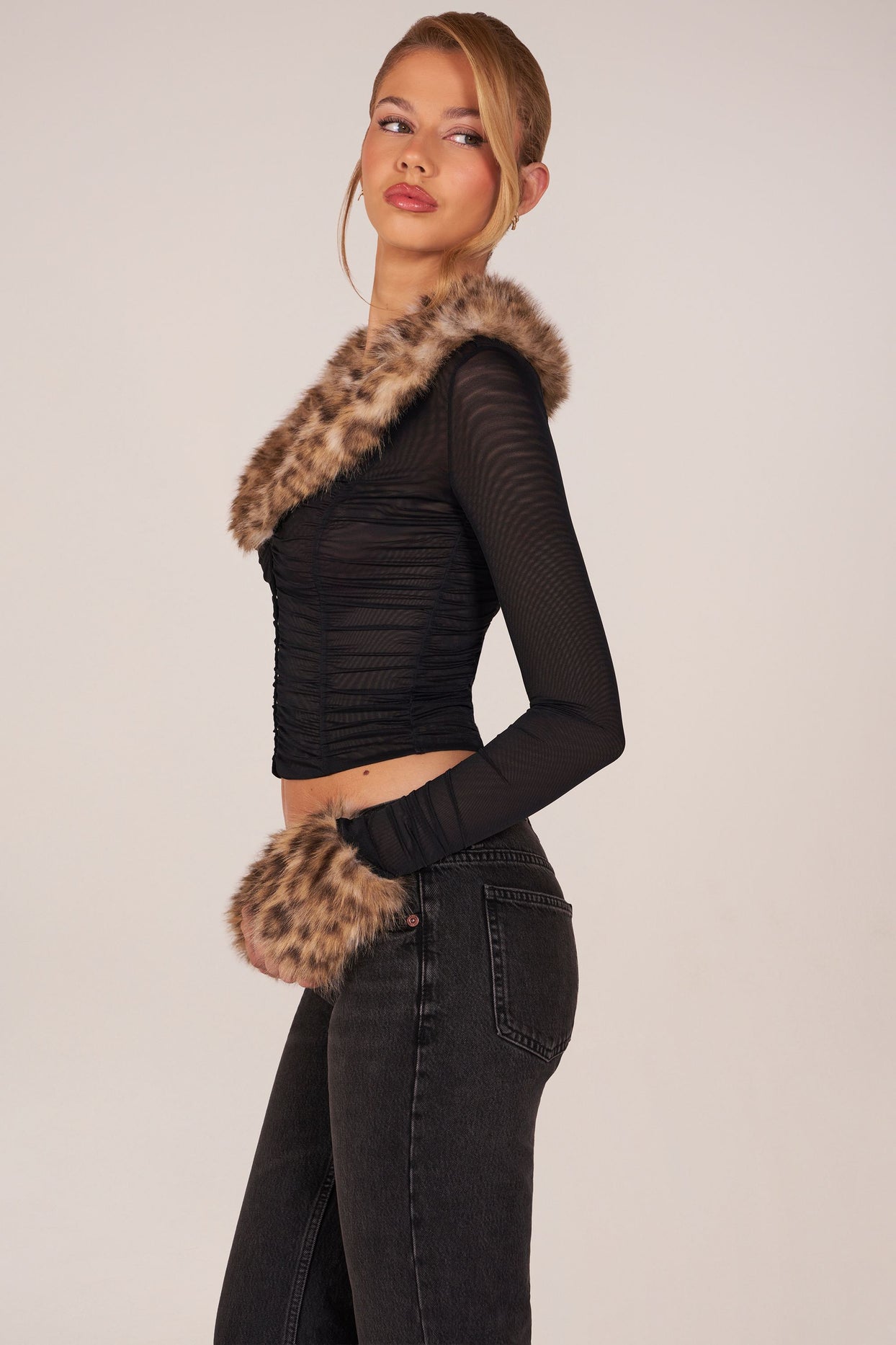 Faux Fur-Trim Sheer Mesh Cardigan in Black - 4