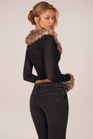 Faux Fur-Trim Sheer Mesh Cardigan in Black