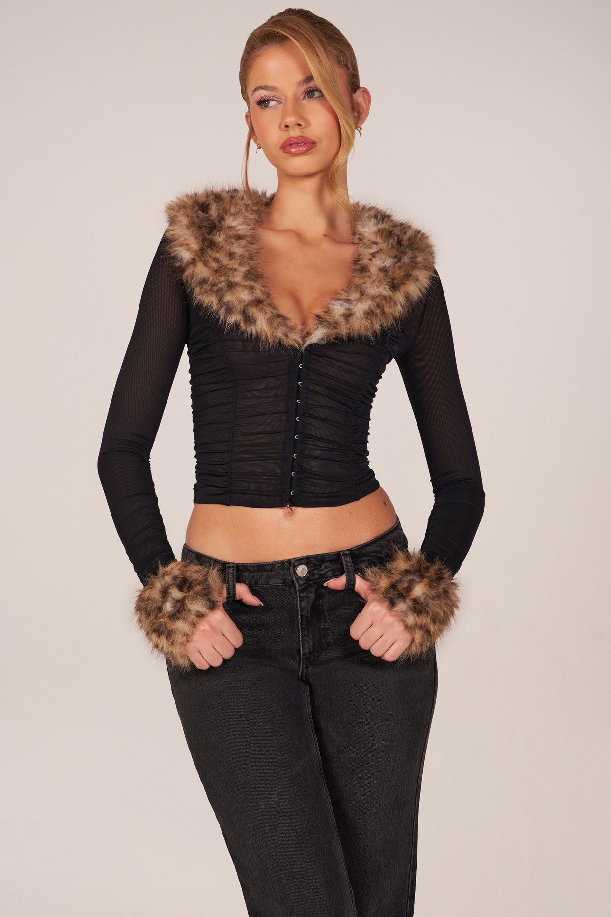 Faux Fur-Trim Sheer Mesh Cardigan in Black - 8