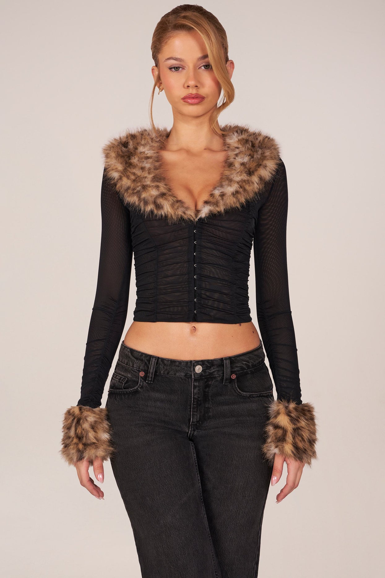 Faux Fur-Trim Sheer Mesh Cardigan in Black - 9