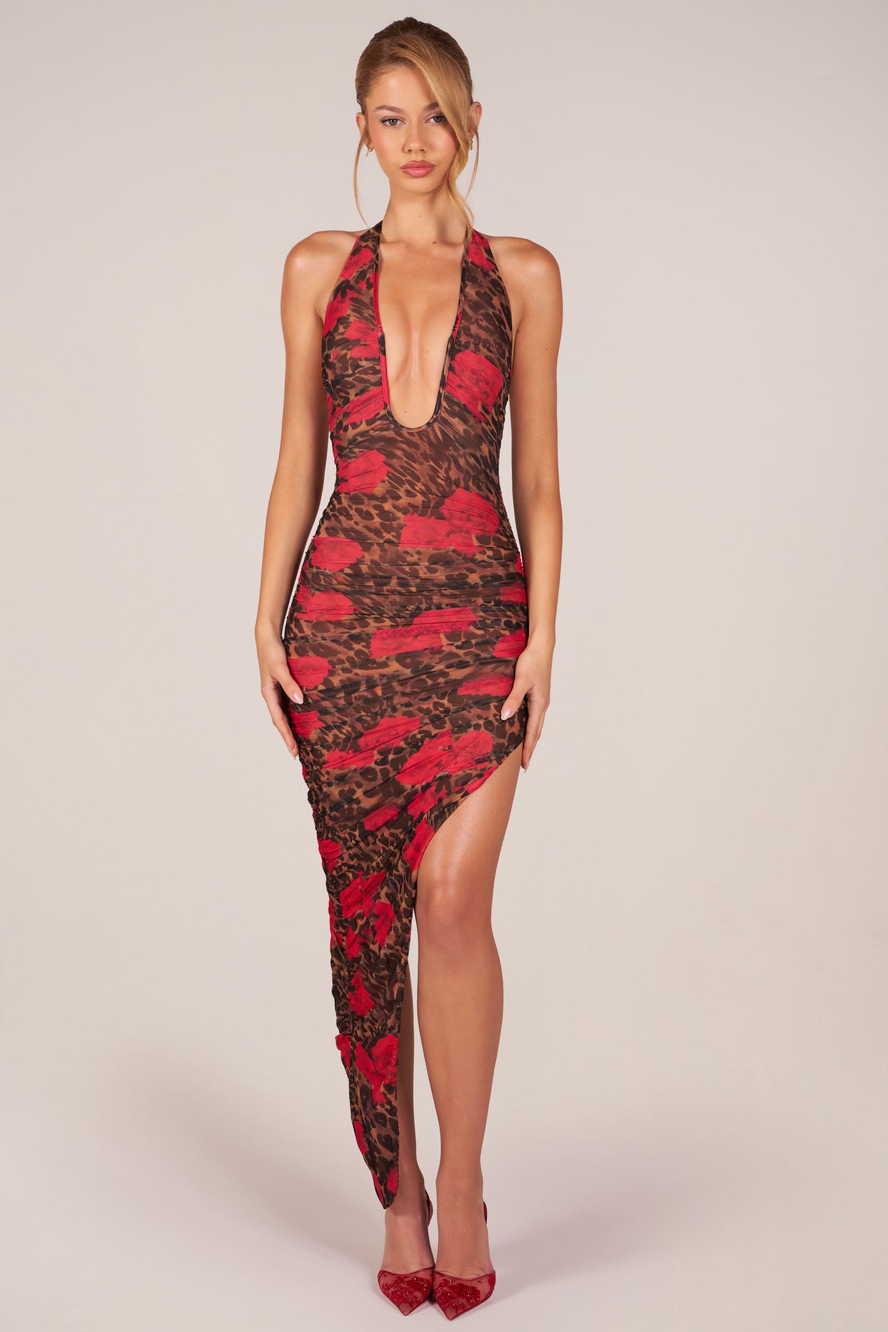 Halterneck Split Hem Midaxi Dress in Rose Leopard Print - 7