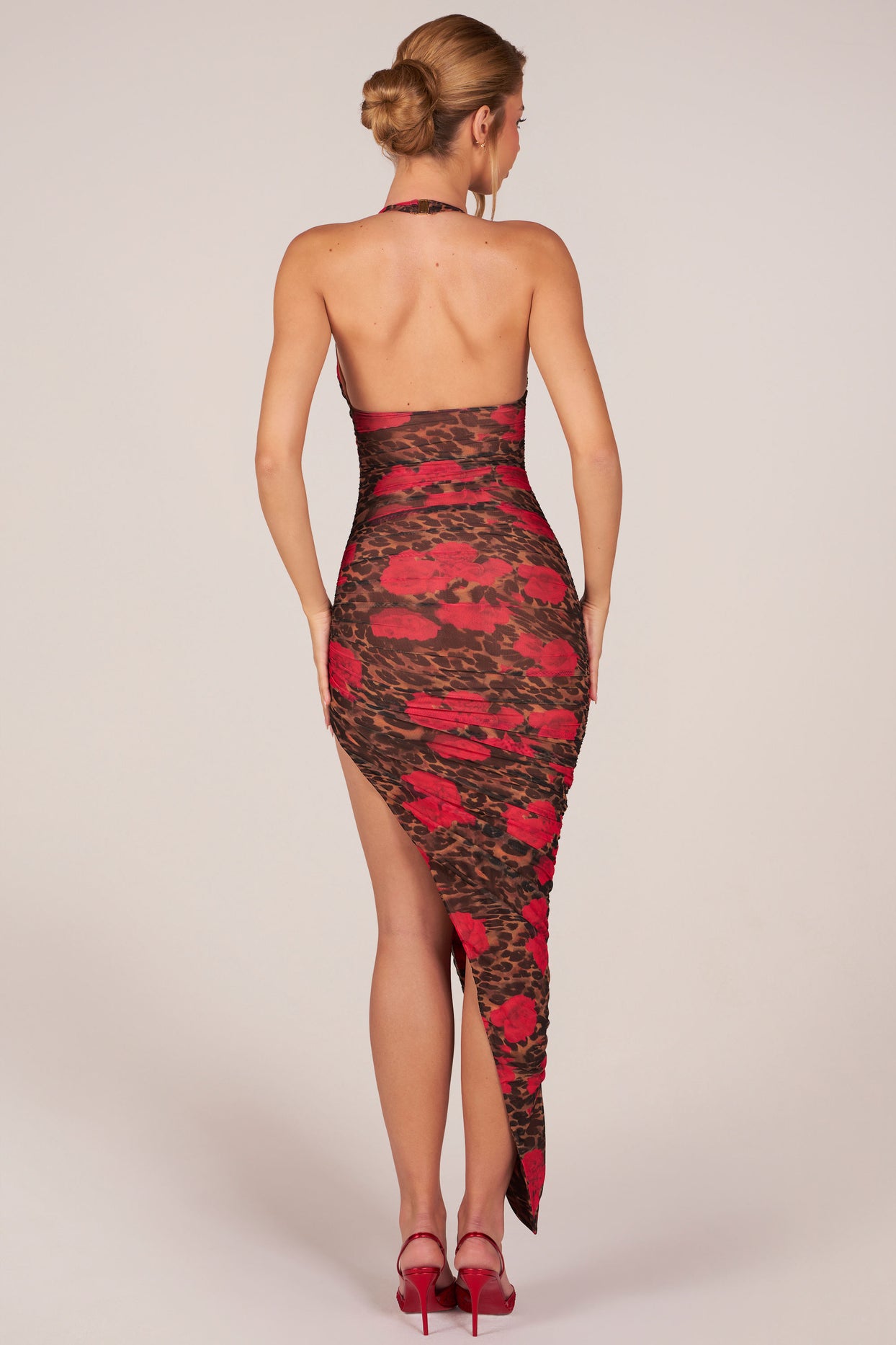 Halterneck Split Hem Midaxi Dress in Rose Leopard Print - 8