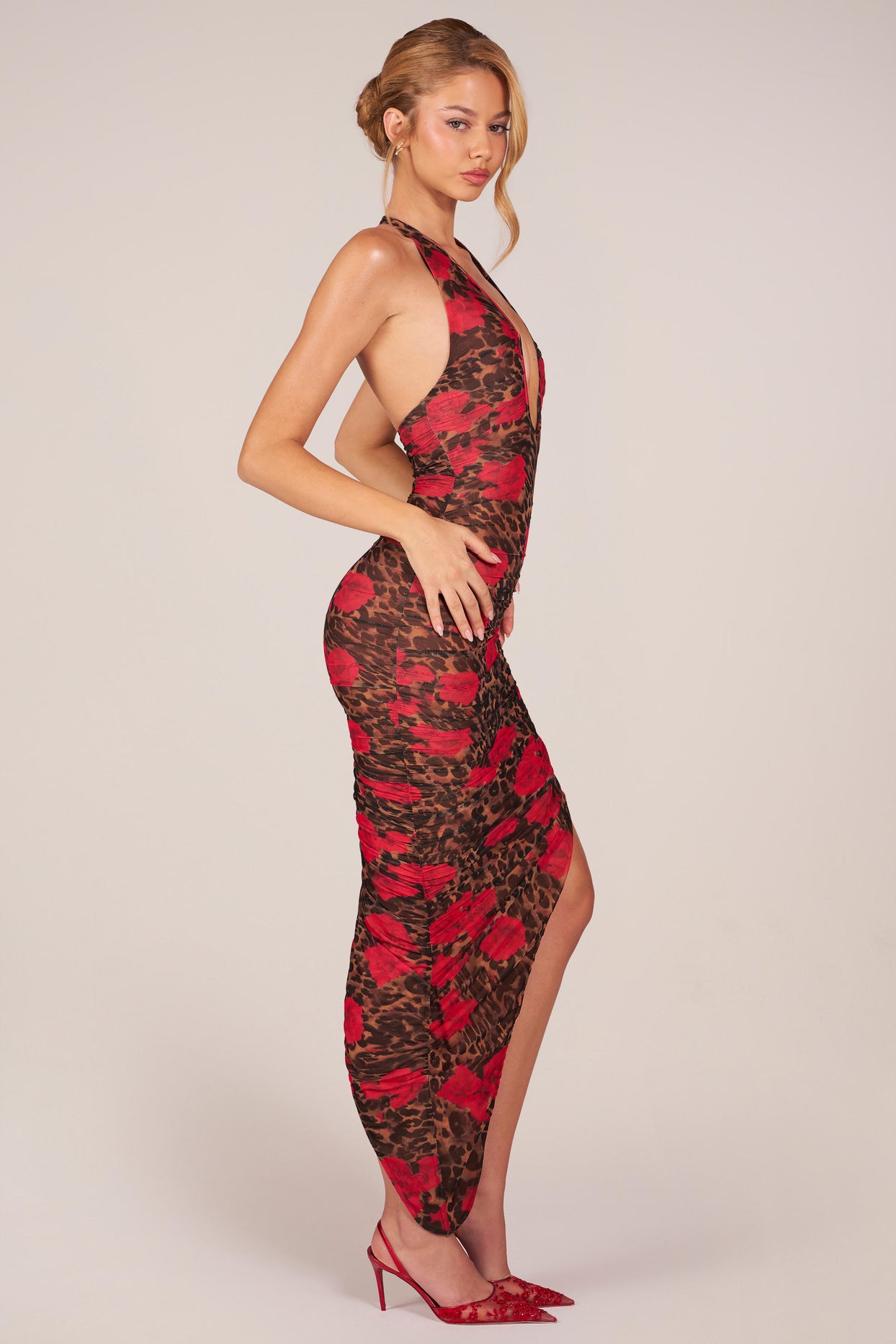 Halterneck Split Hem Midaxi Dress in Rose Leopard Print - 5