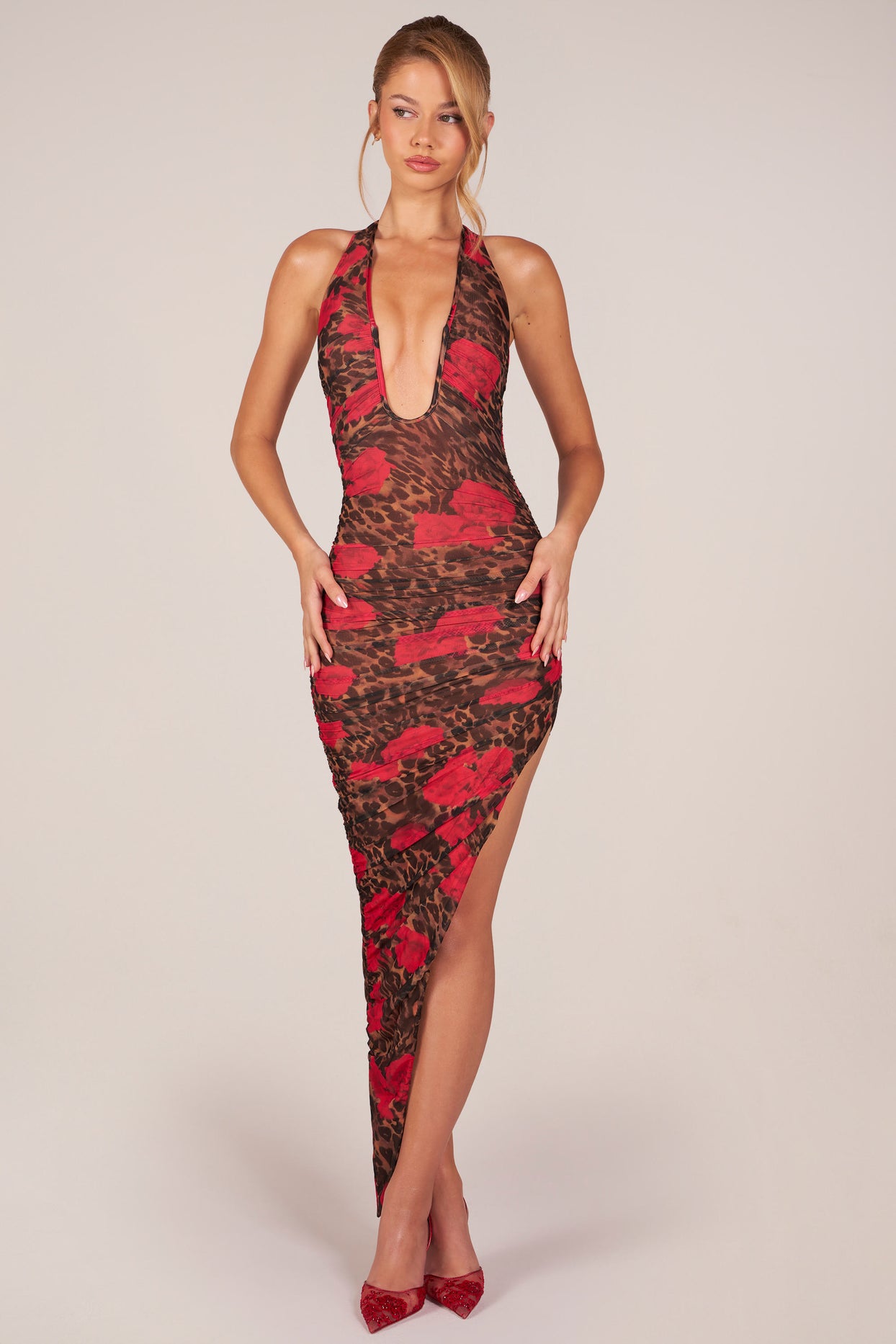 Halterneck Split Hem Midaxi Dress in Rose Leopard Print - 10