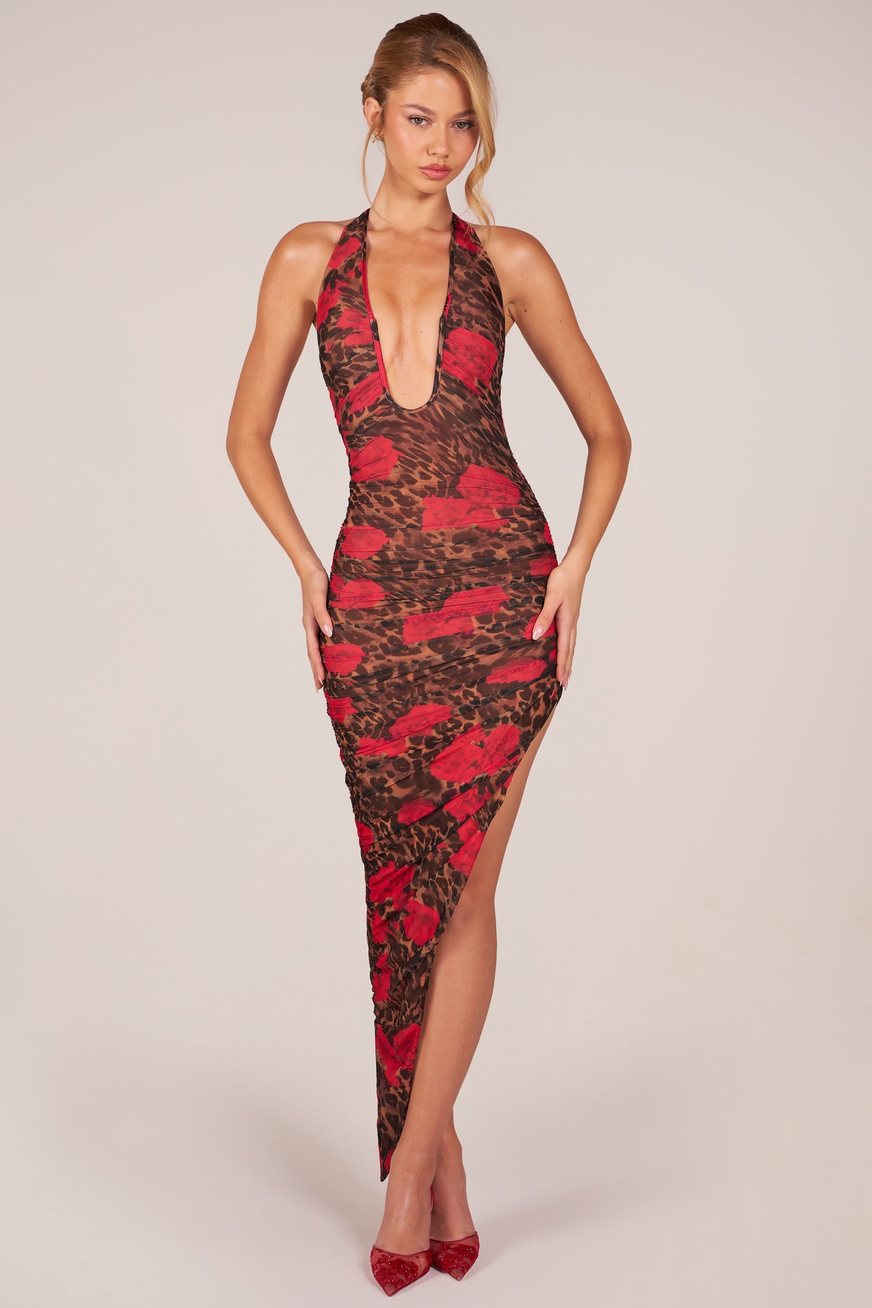 Halterneck Split Hem Midaxi Dress in Rose Leopard Print - 1