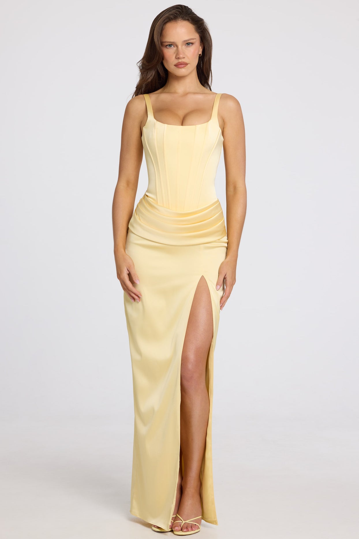 Corseted Thigh-High Split Maxi Dress in Butter Yellow - 6