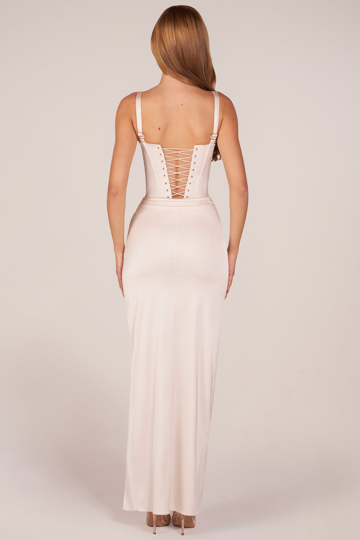 Corseted Thigh-High Split Maxi Dress in Pearl - 6