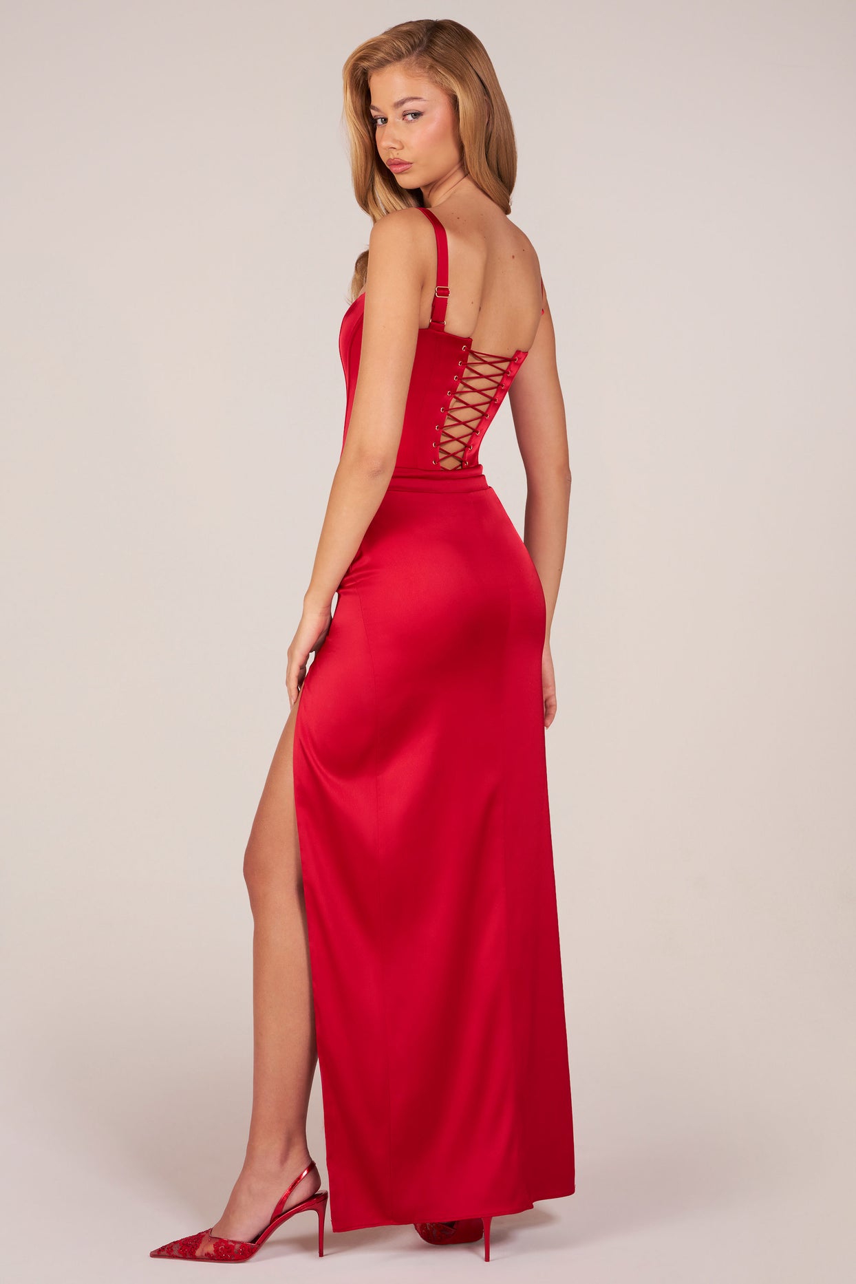 Corseted Thigh-High Split Maxi Dress in Rose Red - 7