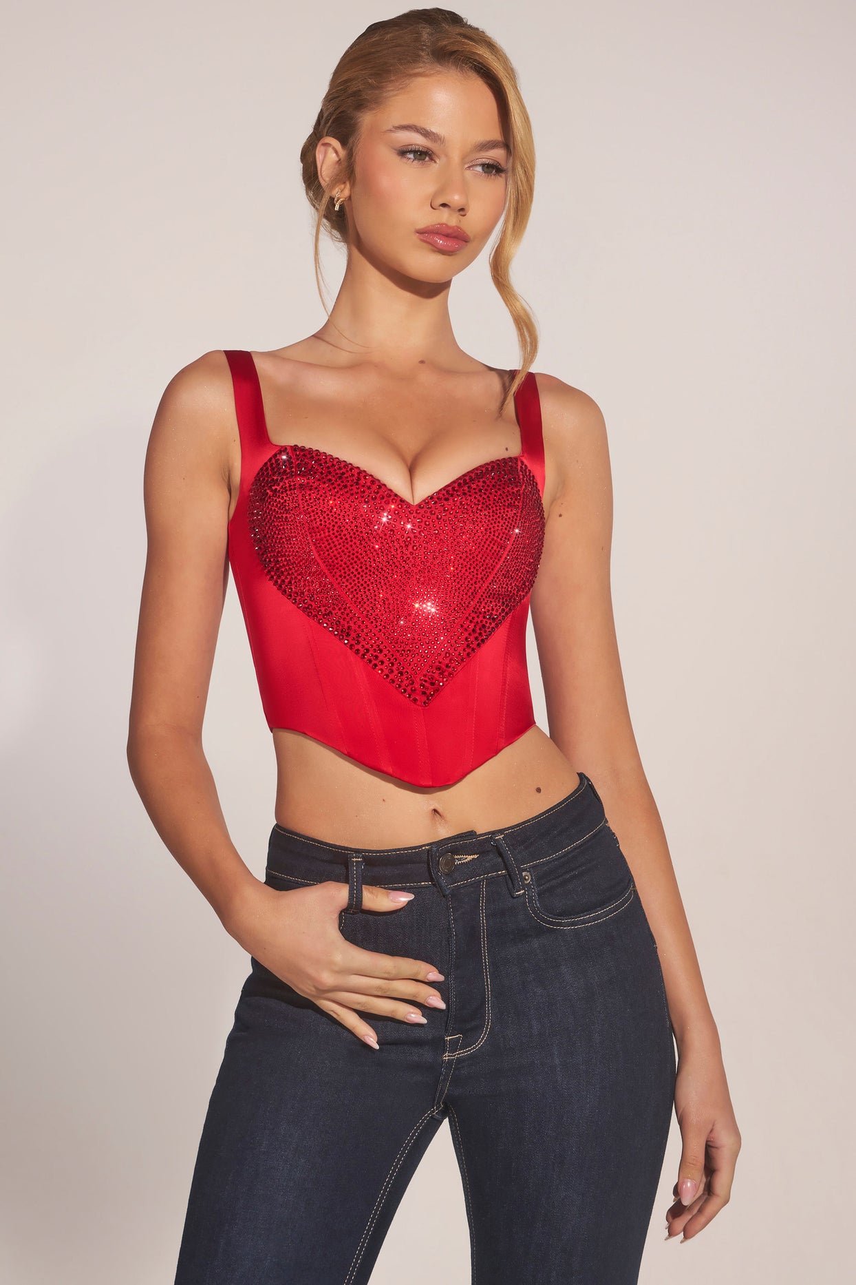Sweetheart-Neck Lace-Up Corset Top in Cherry - 1