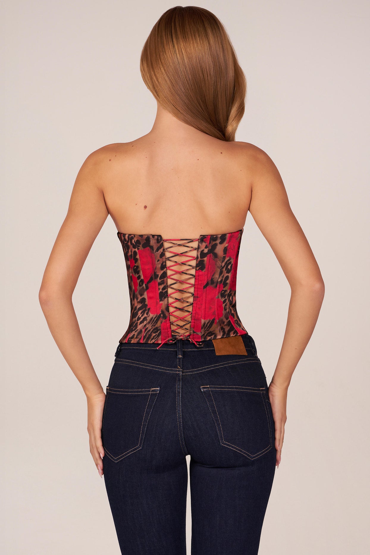 Bandeau Lace-Up Corset Top  in Rose Leopard Print - 7