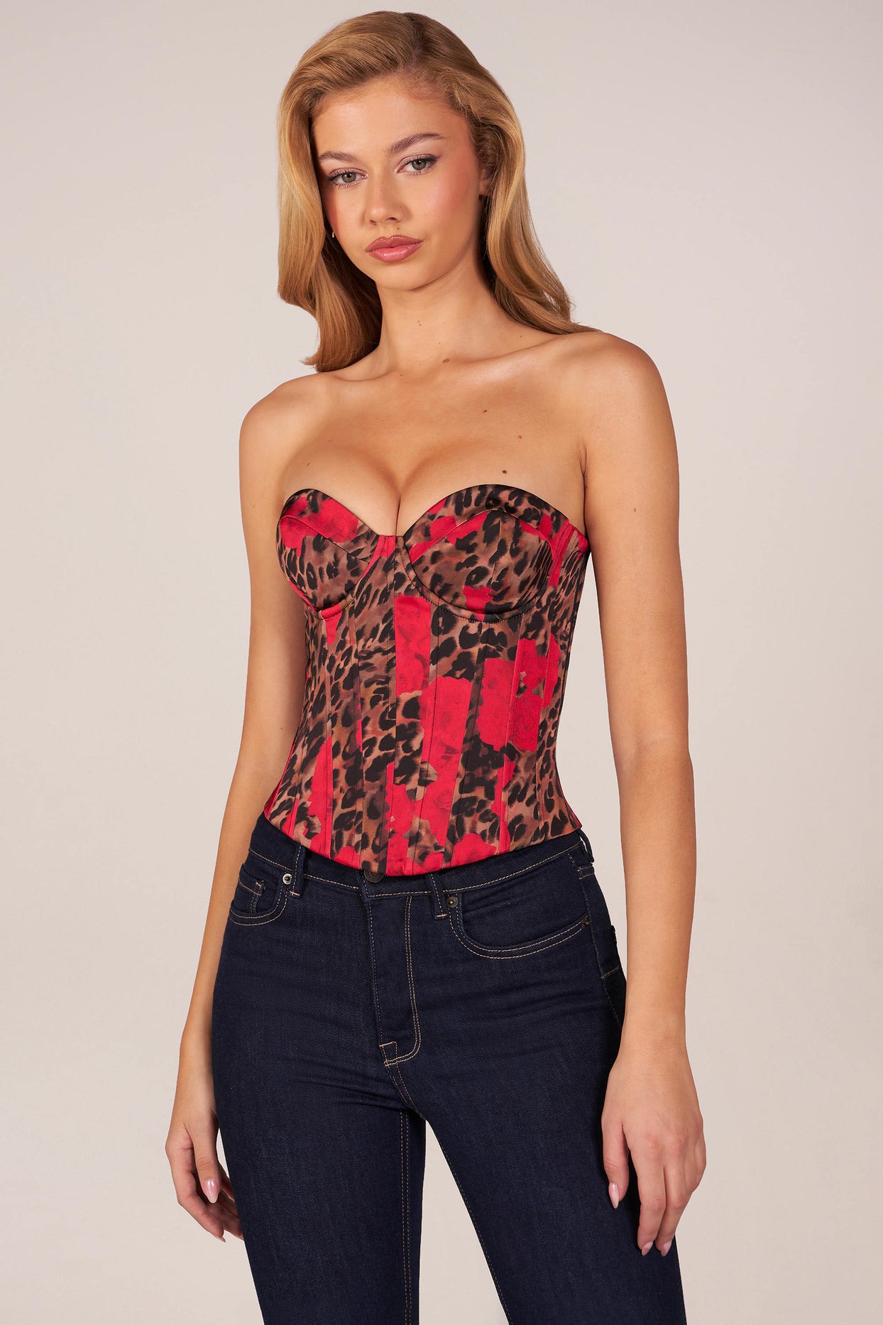 Bandeau Lace-Up Corset Top  in Rose Leopard Print - 6