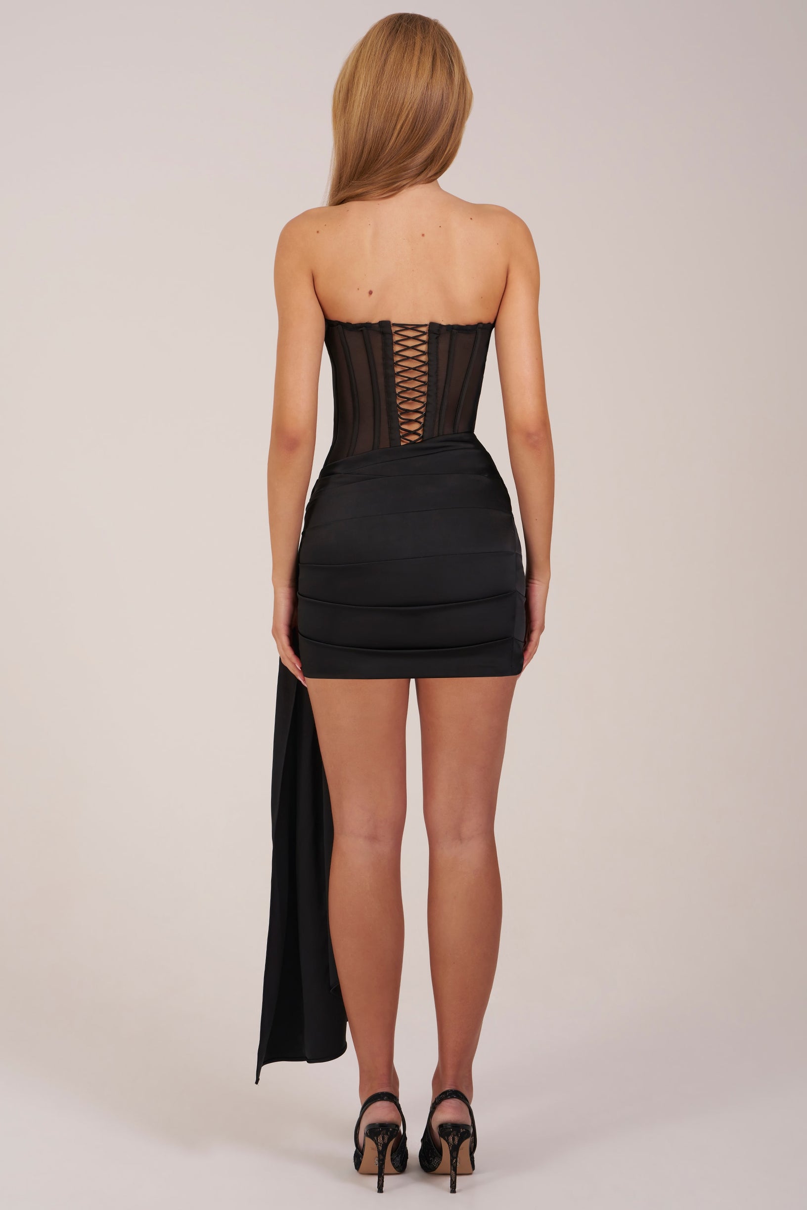 Bandeau Lace-Up Corset Mini Dress  in Black - 2