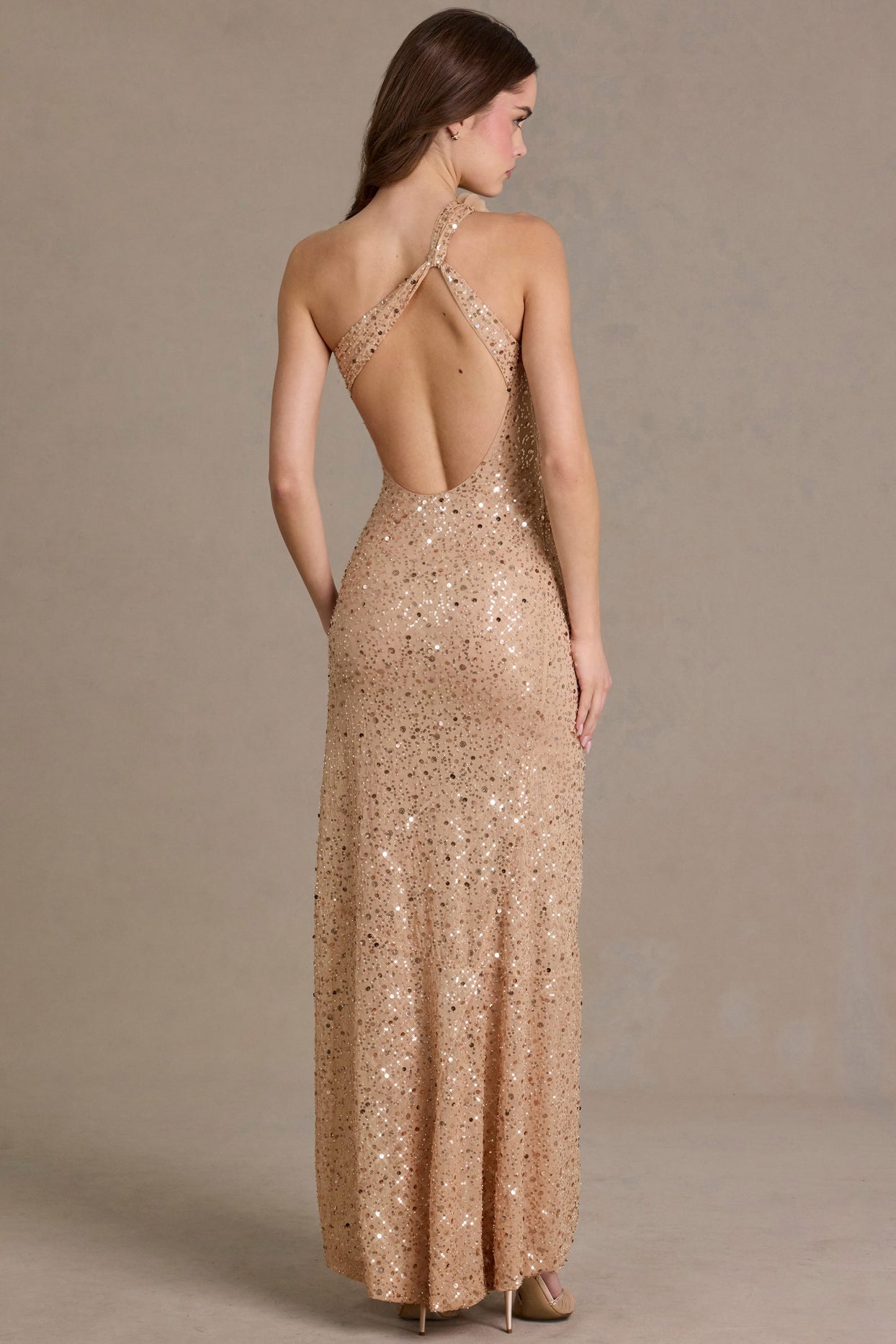 Embellished Asymmetric One-Shoulder Maxi Dress in Sand - 5