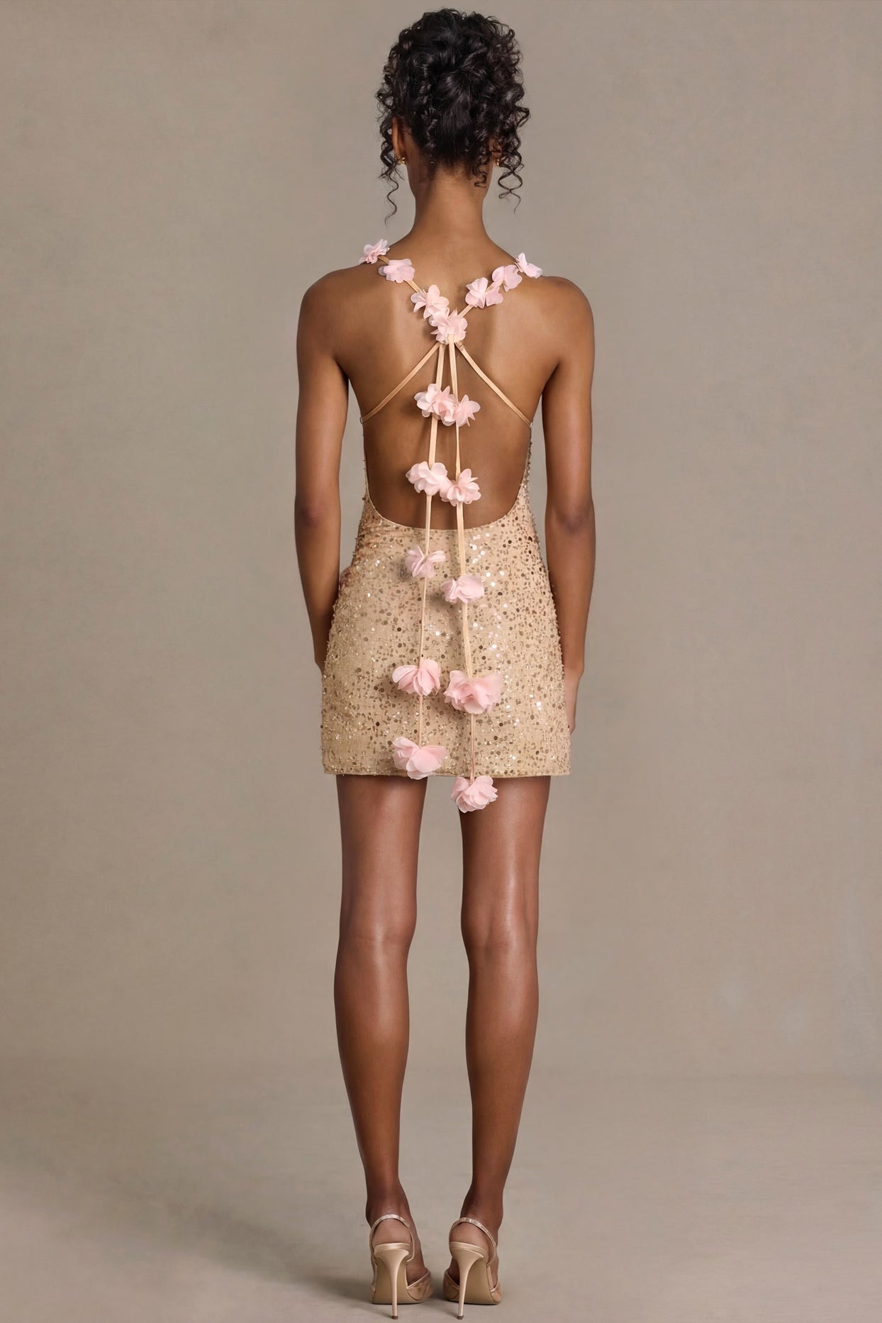 Embellished Open-Back Mini Dress in Gold - 3