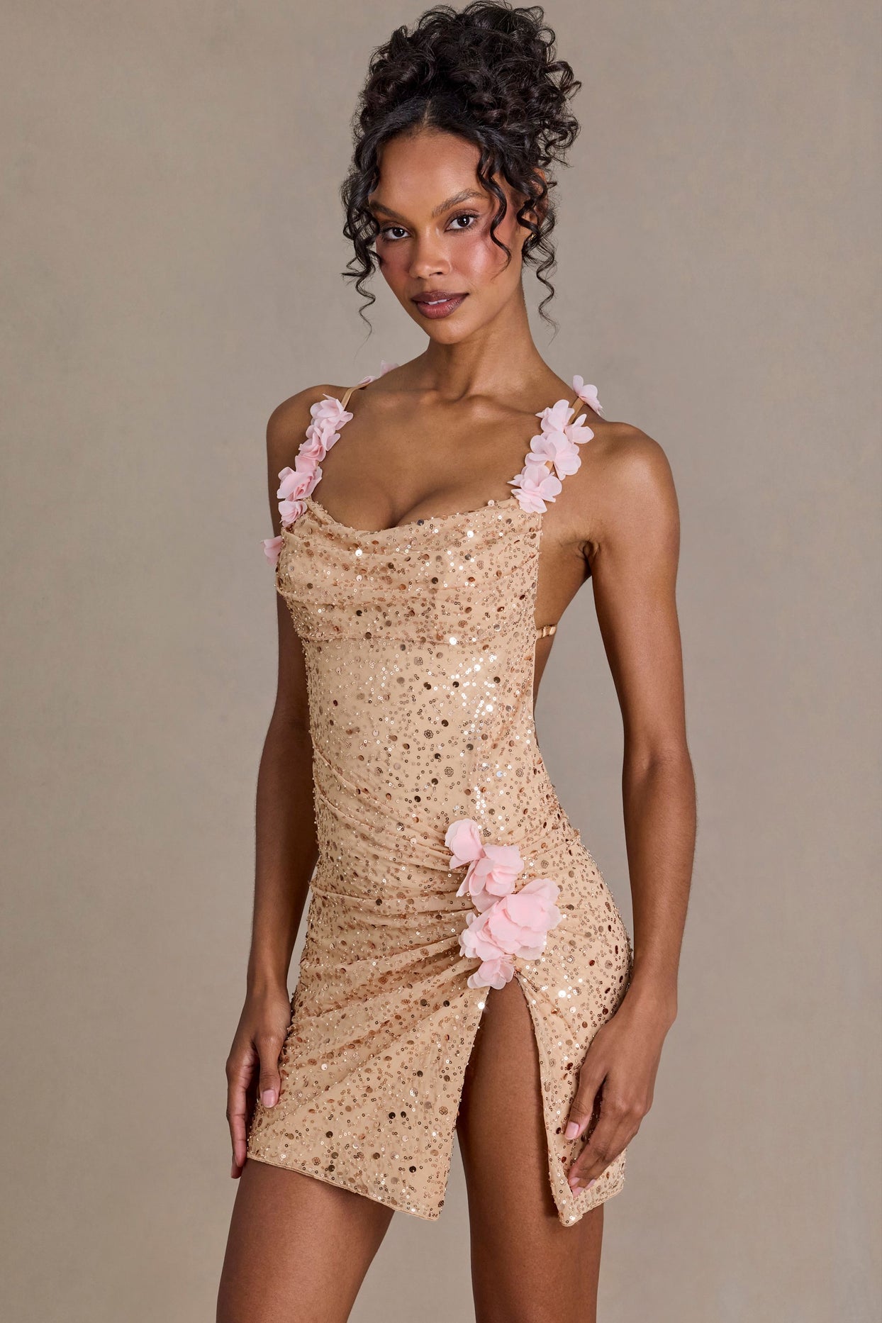 Embellished Open-Back Mini Dress in Gold - 5