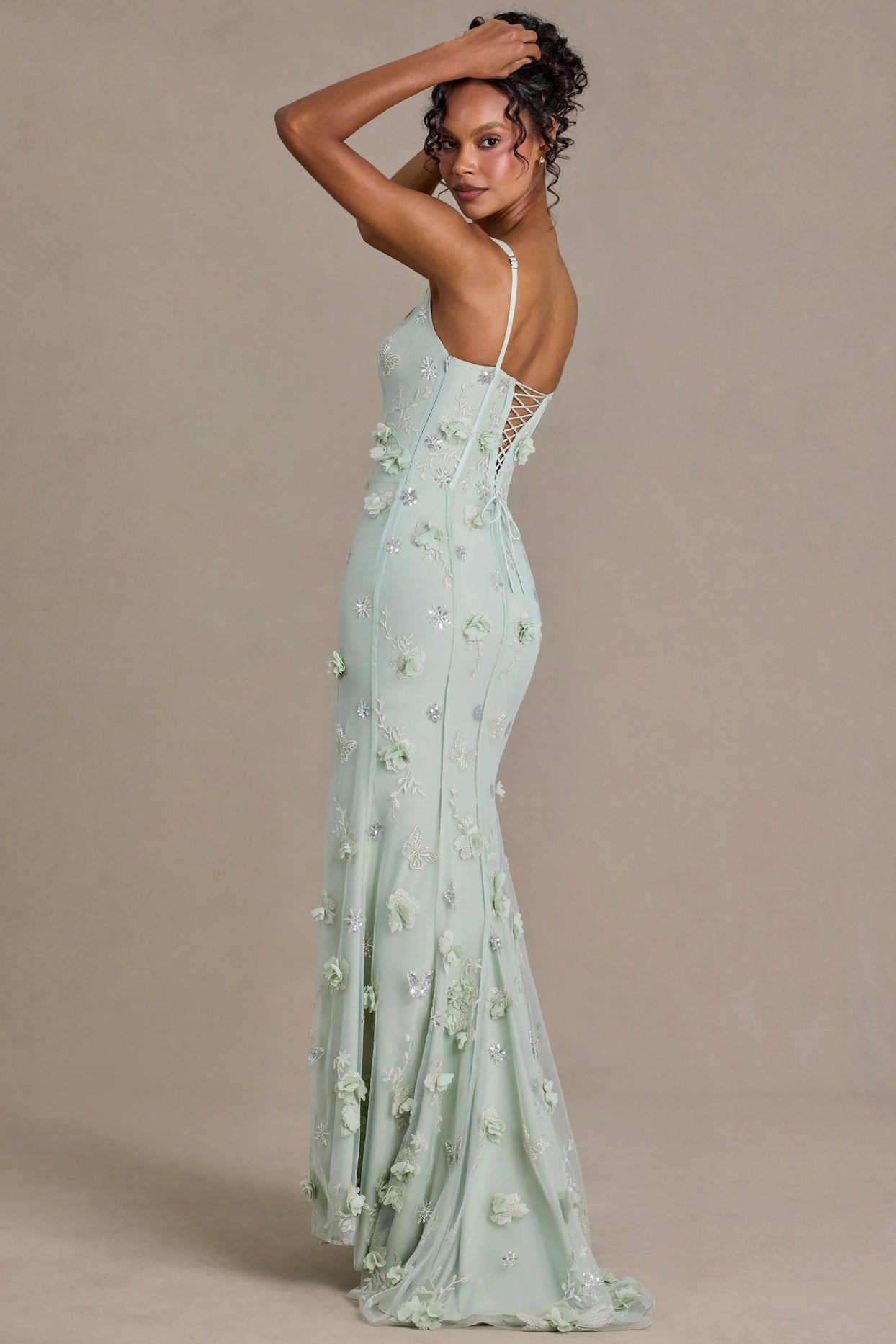 Embellished Corset Gown in Sage Green - 5