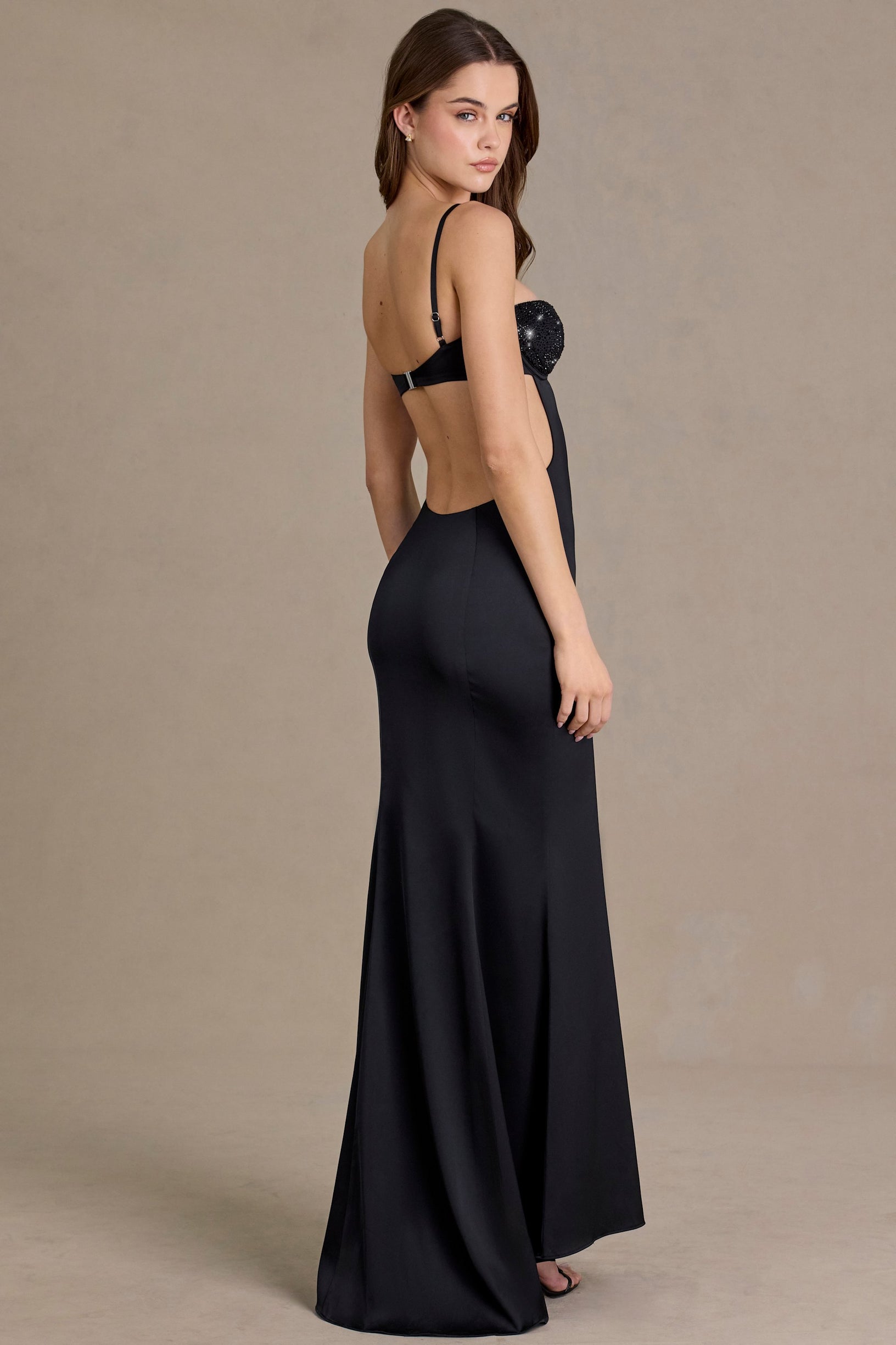 Satin Embellished Bralette Gown in Black - 2