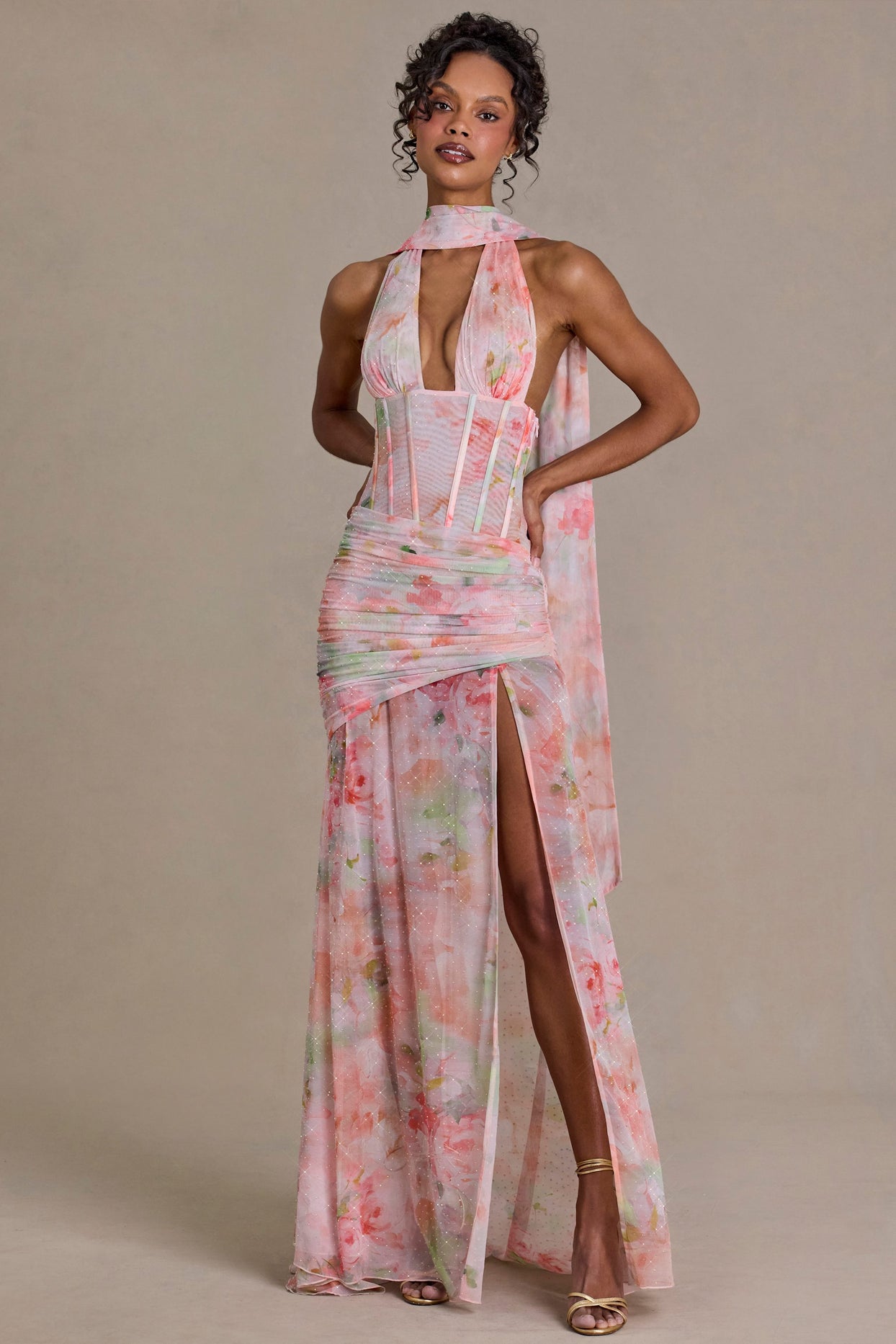 Embellished Scarf-Detail Maxi Dress in Pink Floral Print - 1