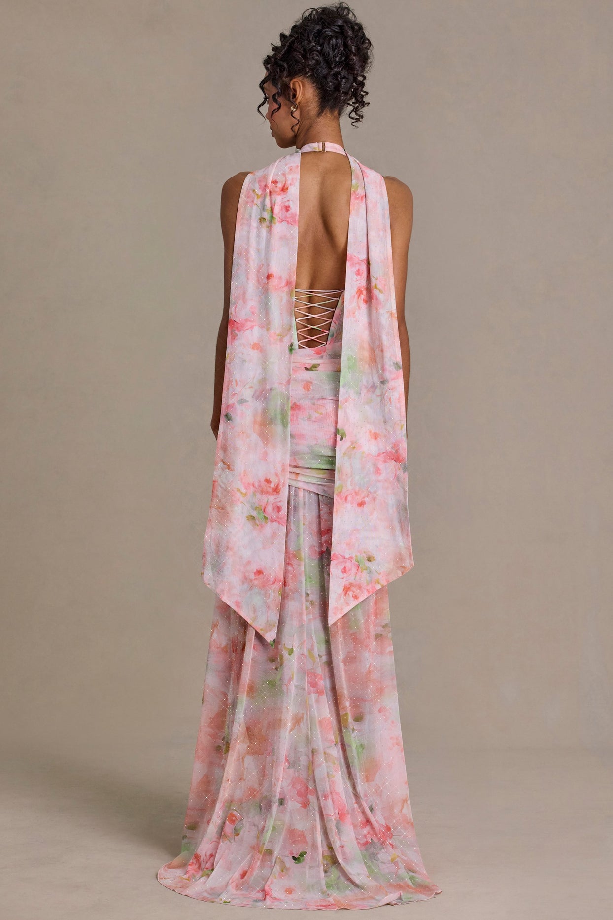 Embellished Scarf-Detail Maxi Dress in Pink Floral Print - 5