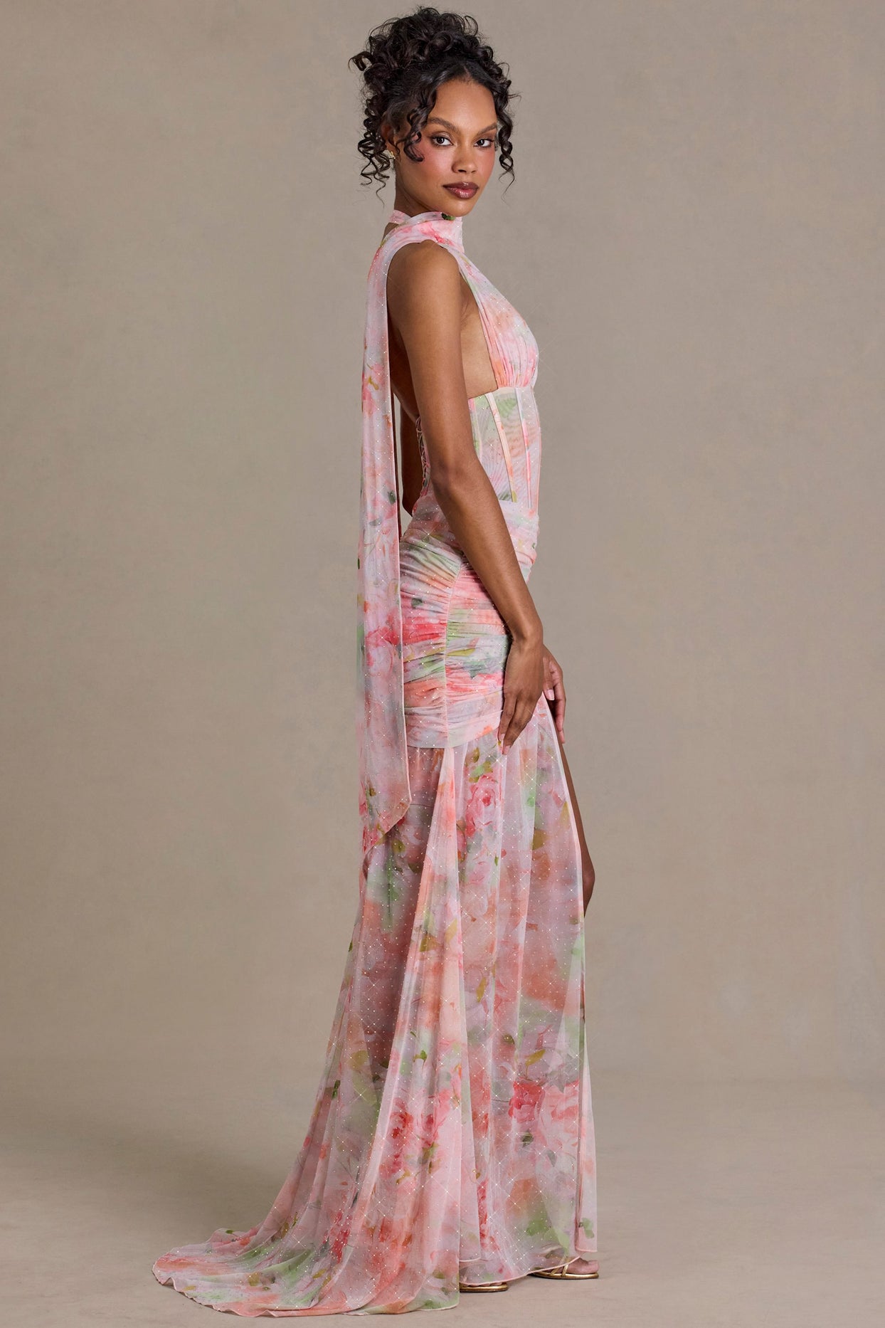 Embellished Scarf-Detail Maxi Dress in Pink Floral Print - 3