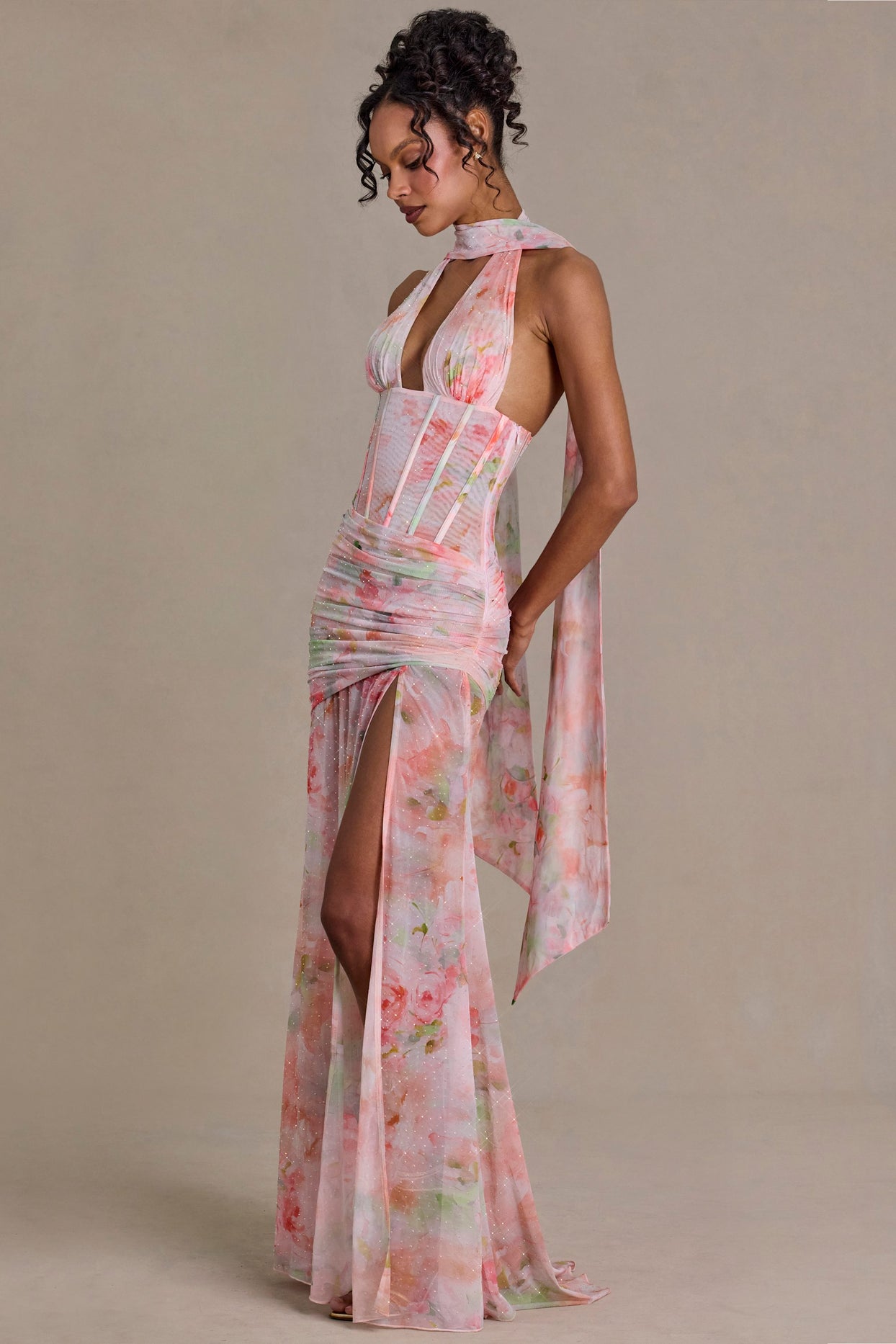 Embellished Scarf-Detail Maxi Dress in Pink Floral Print - 7