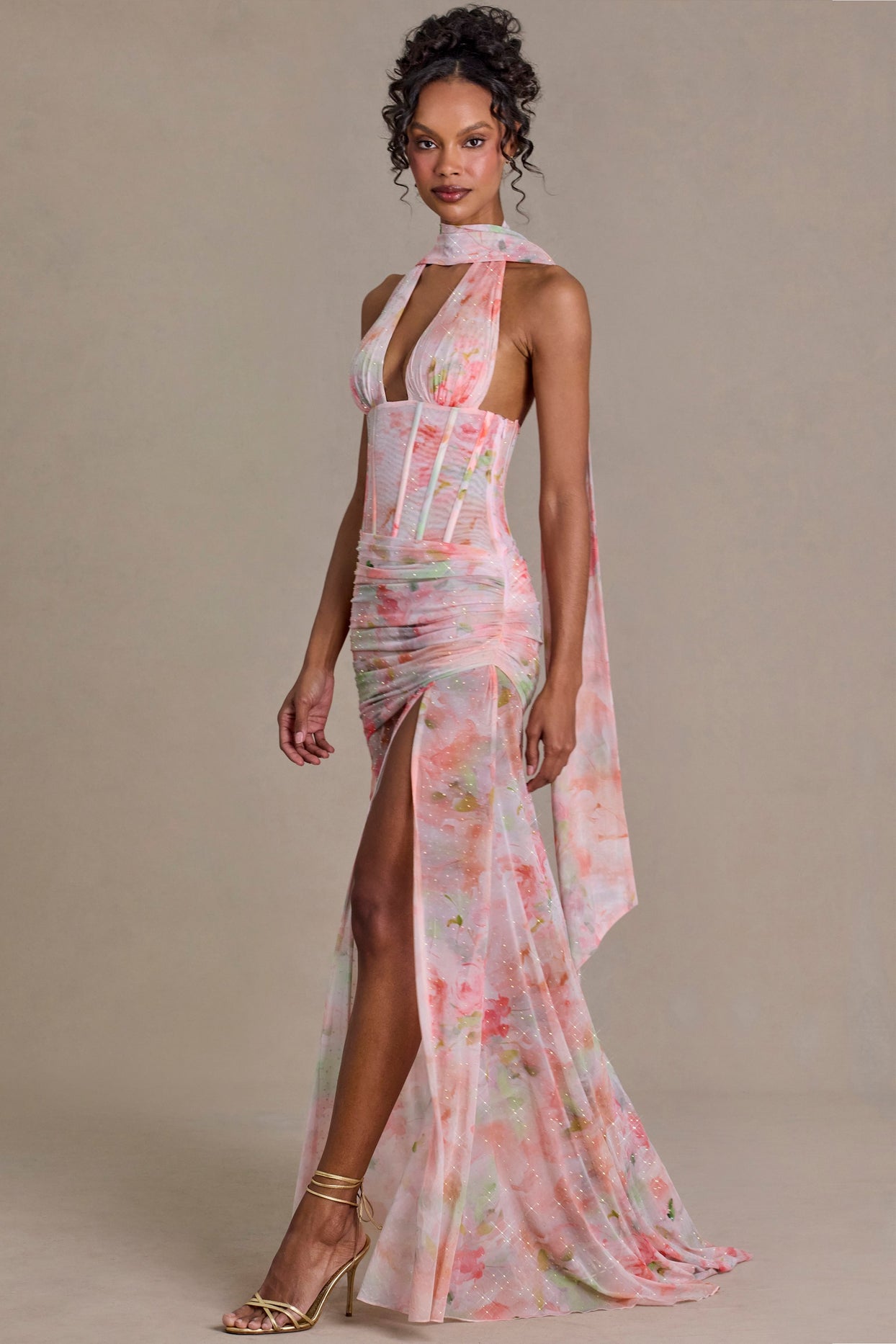 Embellished Scarf-Detail Maxi Dress in Pink Floral Print - 8