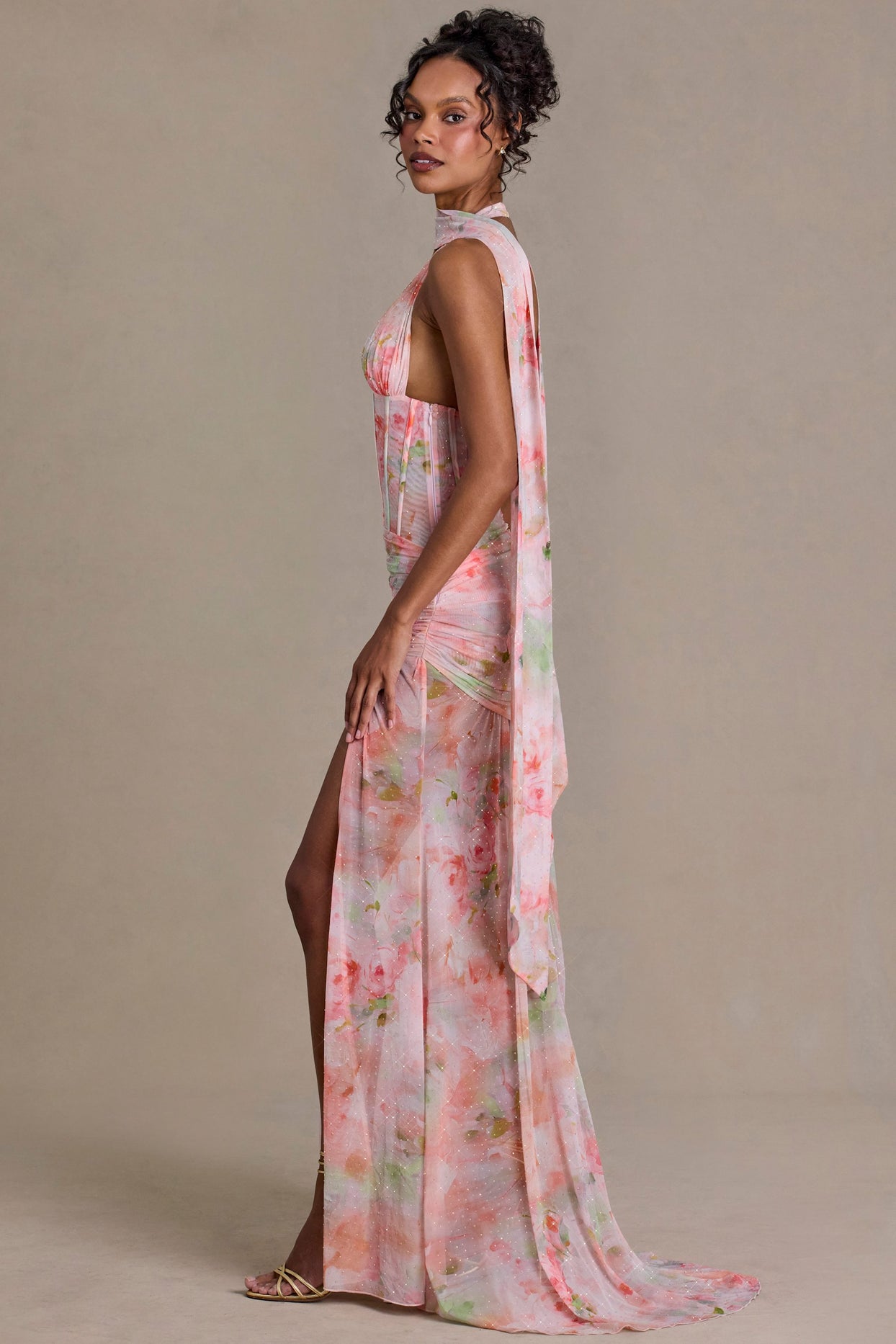 Embellished Scarf-Detail Maxi Dress in Pink Floral Print - 6