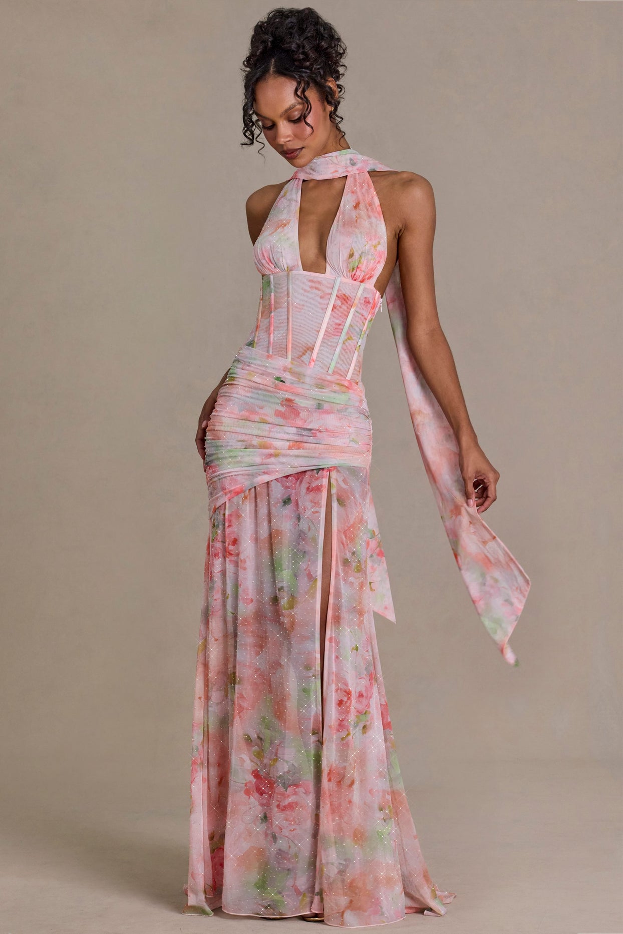 Embellished Scarf-Detail Maxi Dress in Pink Floral Print - 4