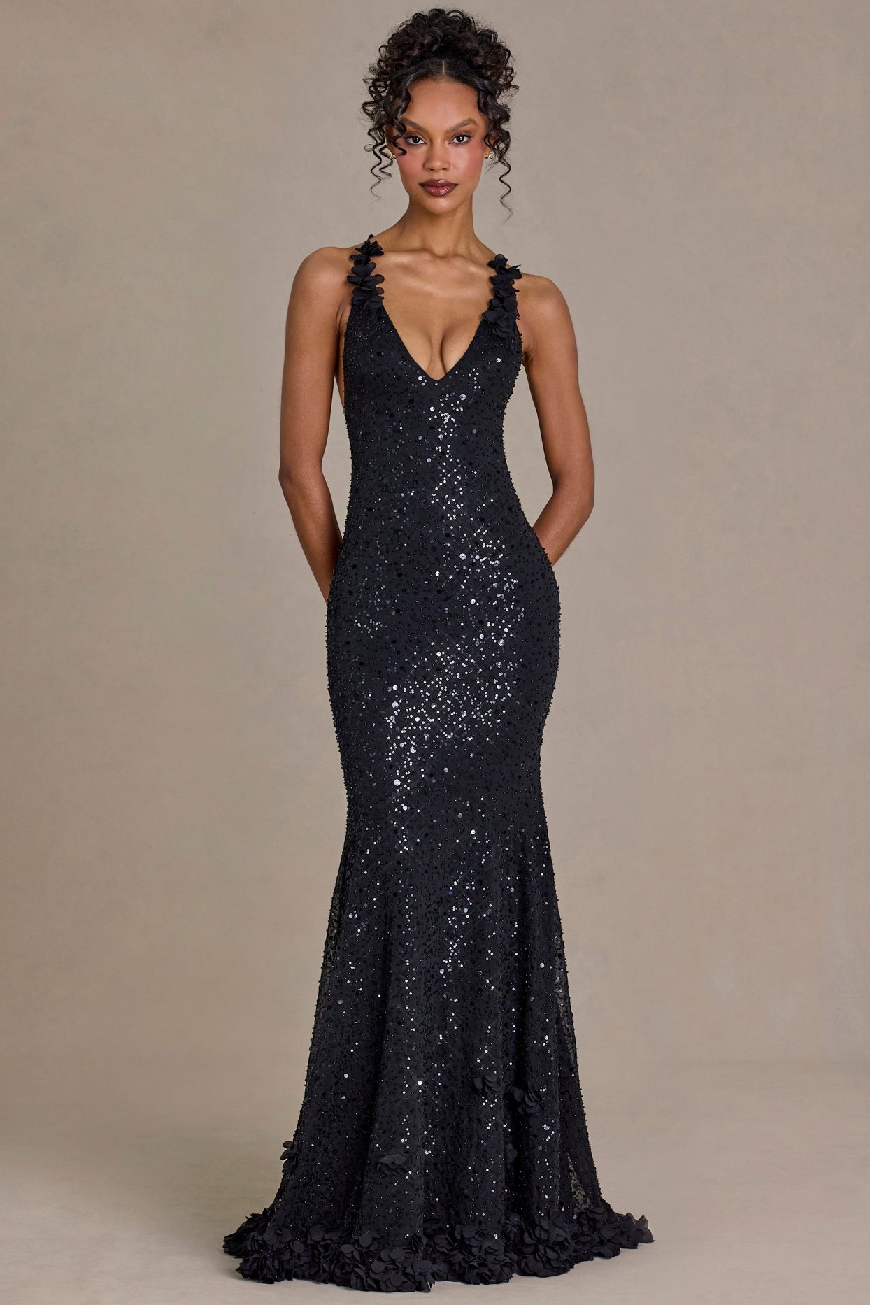 Embellished Plunge Open-Back Gown in Black - 5