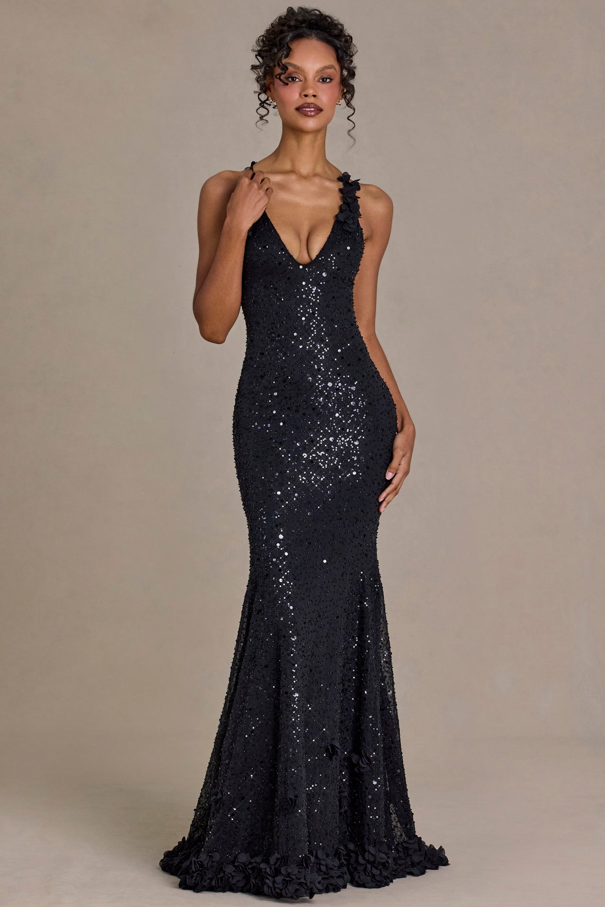 Embellished Plunge Open-Back Gown in Black - 8