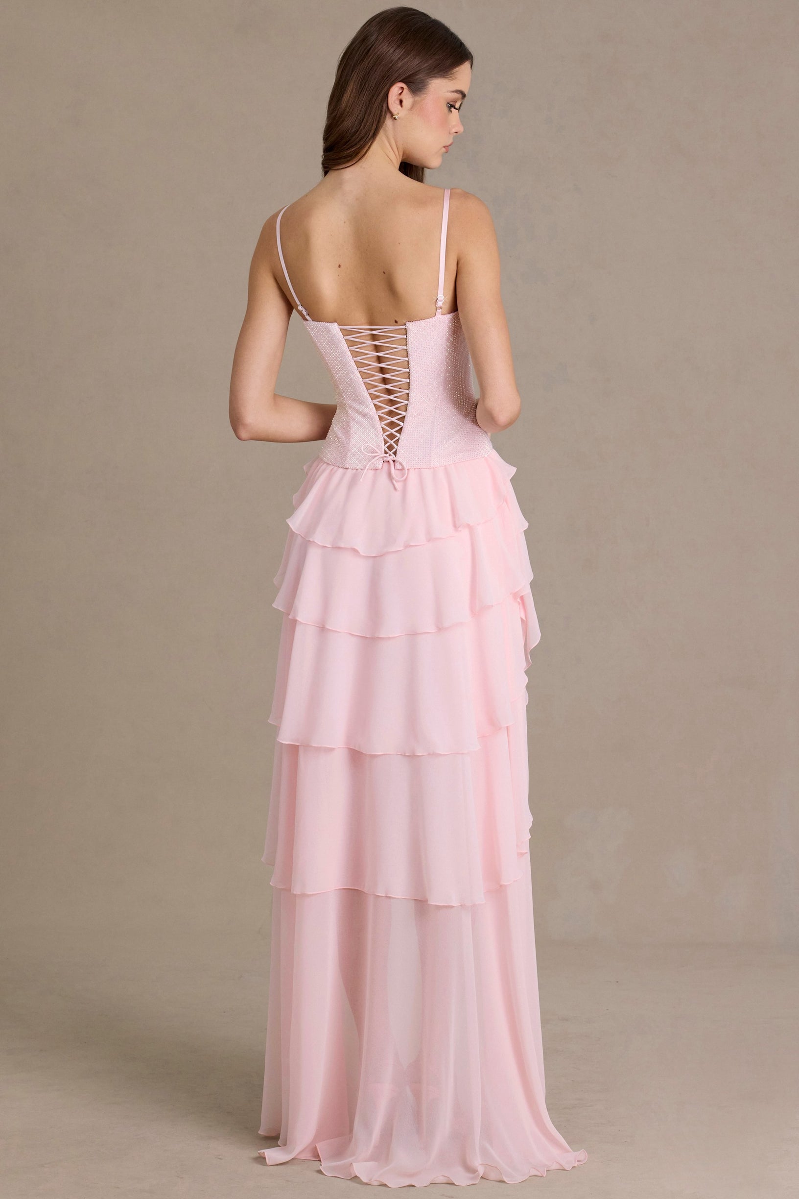 Embellished Cowl-Neck Corset Gown in Baby Pink - 2