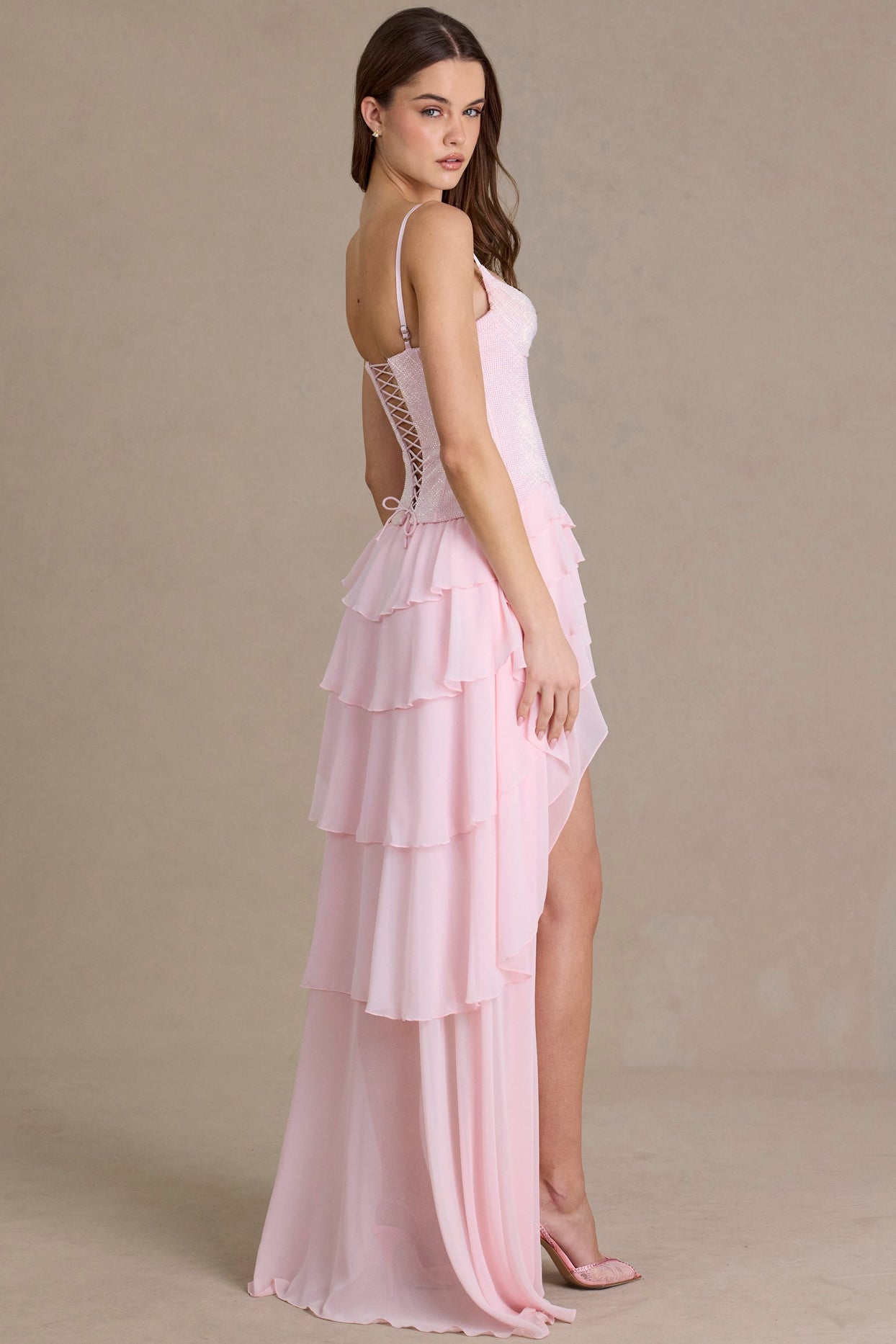 Embellished Cowl-Neck Corset Gown in Baby Pink - 3