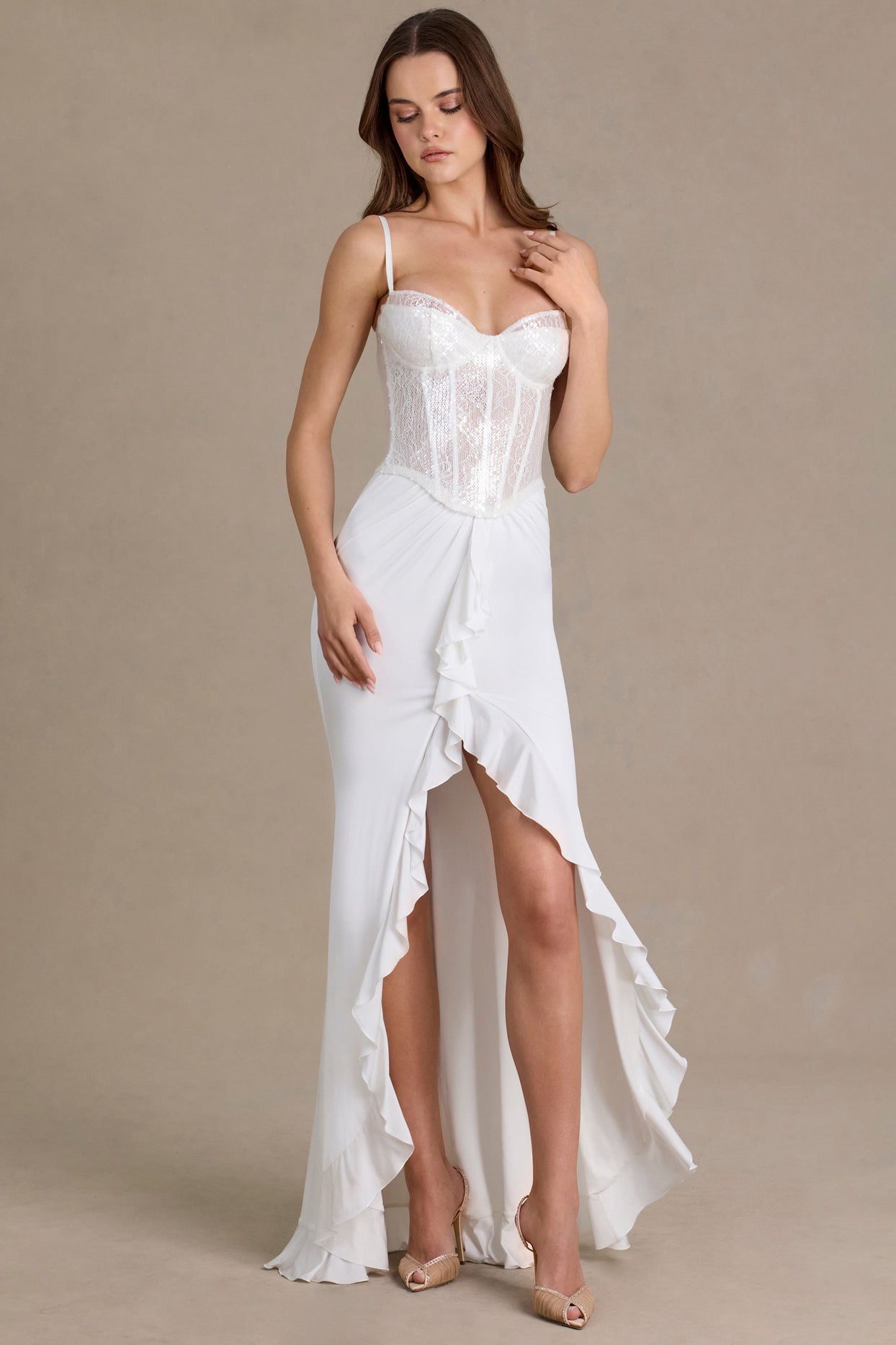 Embellished Lace Corset Gown in Snow - 7