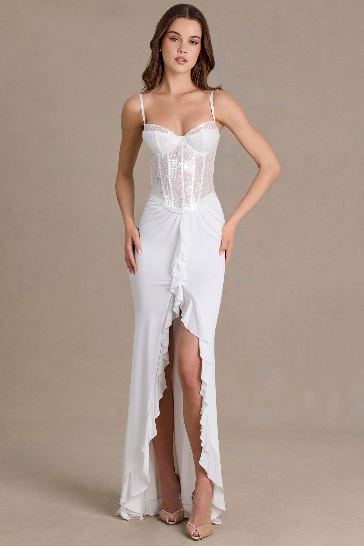 Embellished Lace Corset Gown in Snow - 1