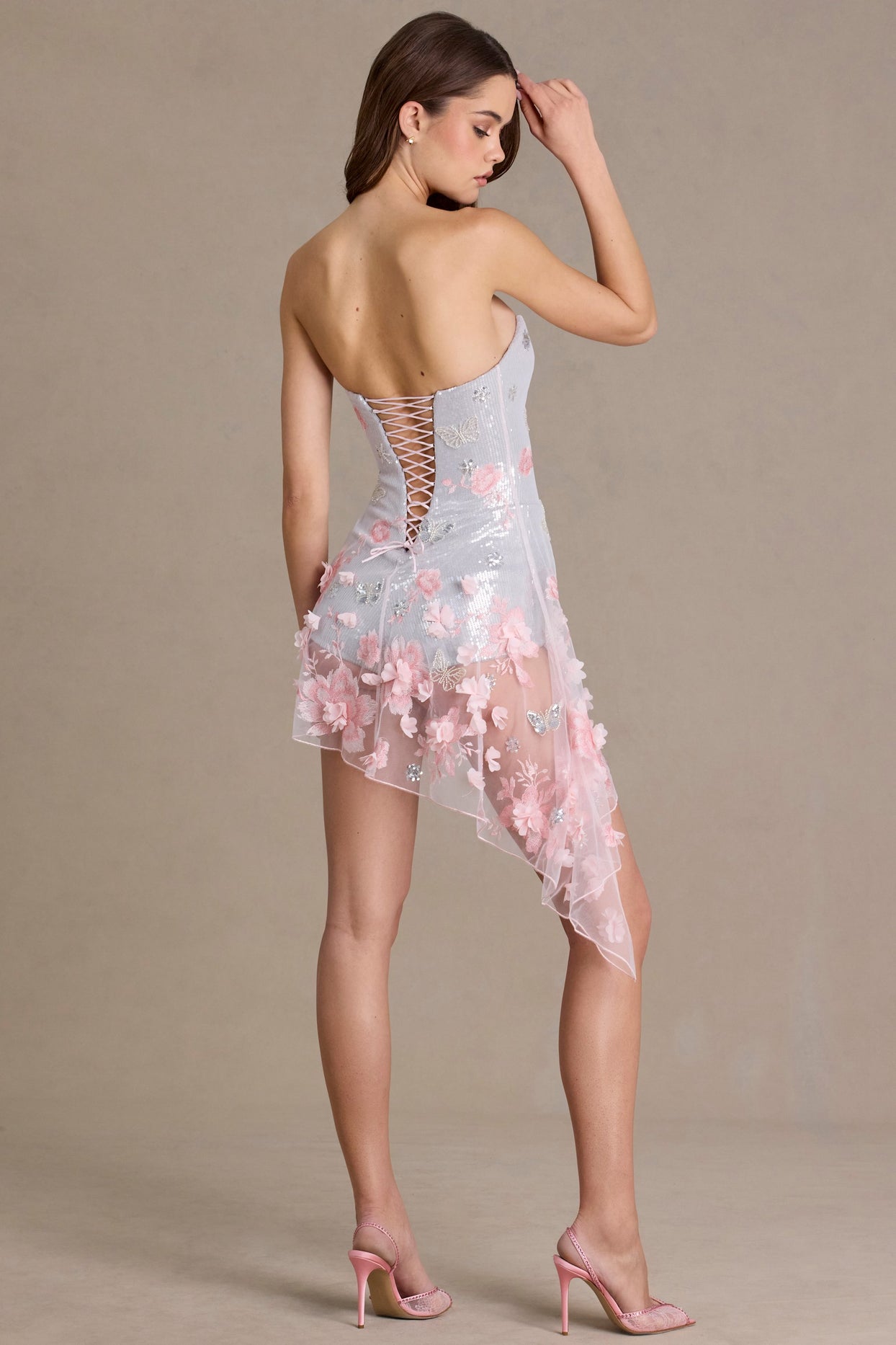 Embellished Tulle Corset Mini Dress in Silver Floral - 2
