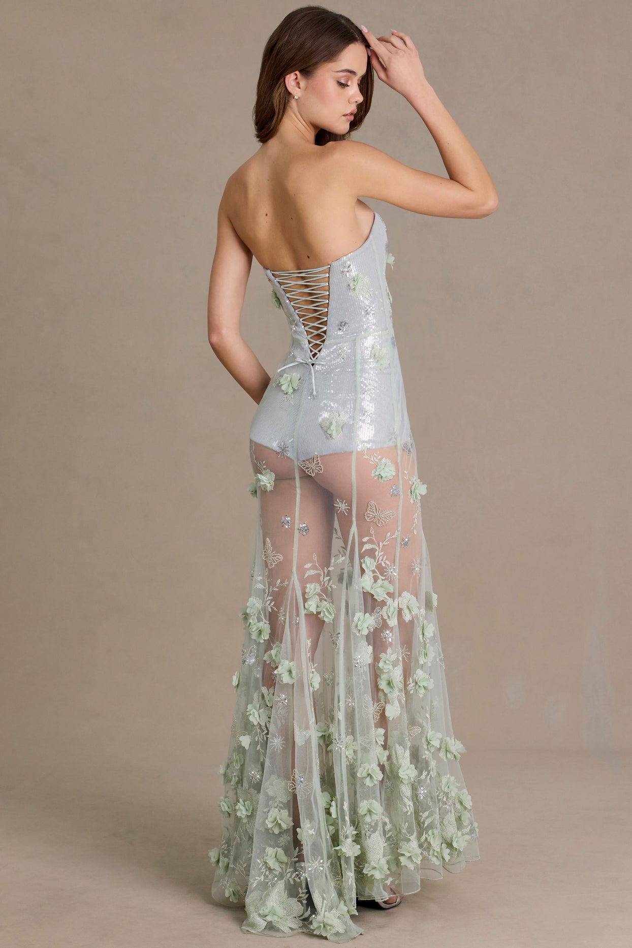 Embellished Tulle Corset Gown in Sage Green - 5