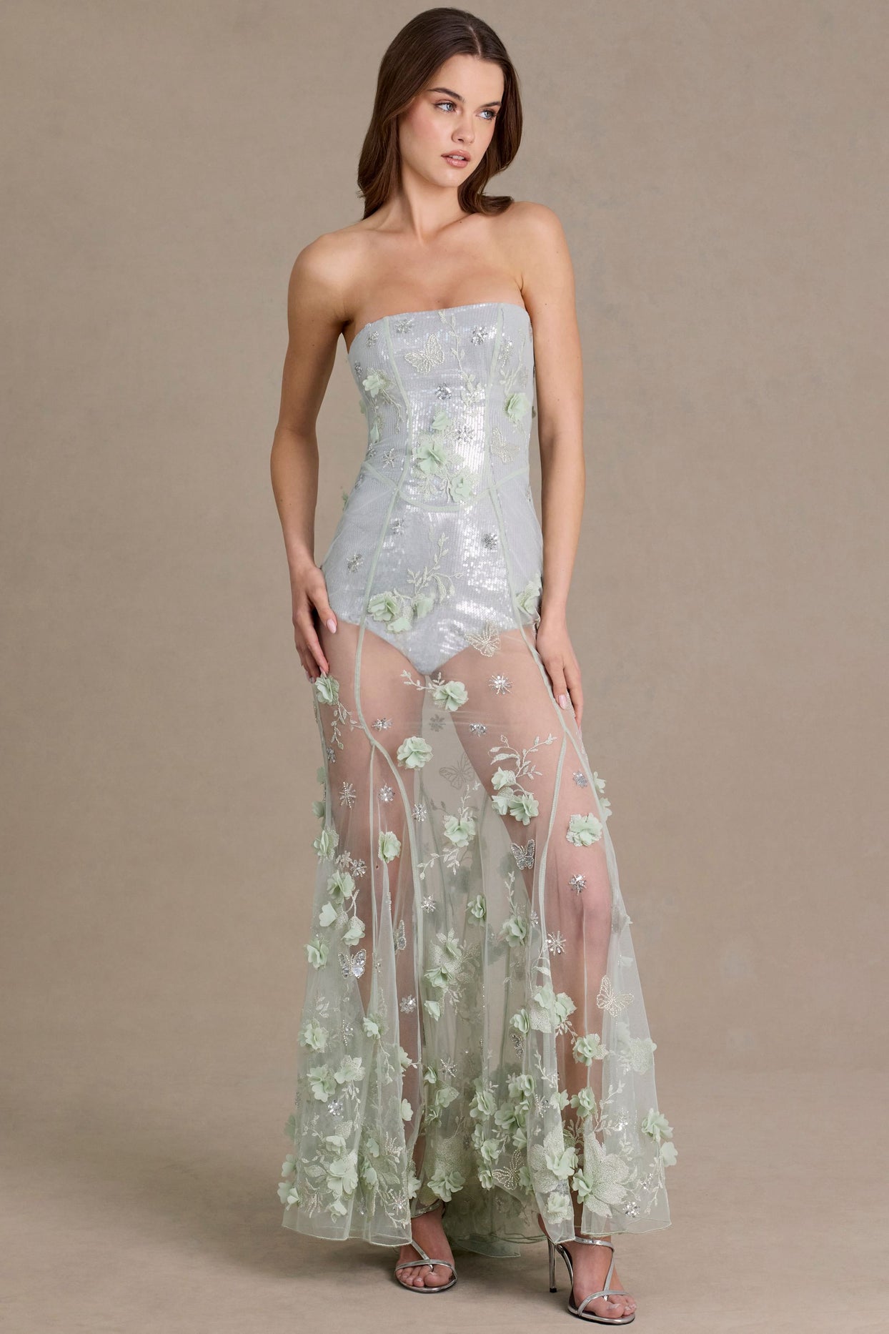 Embellished Tulle Corset Gown in Sage Green - 3