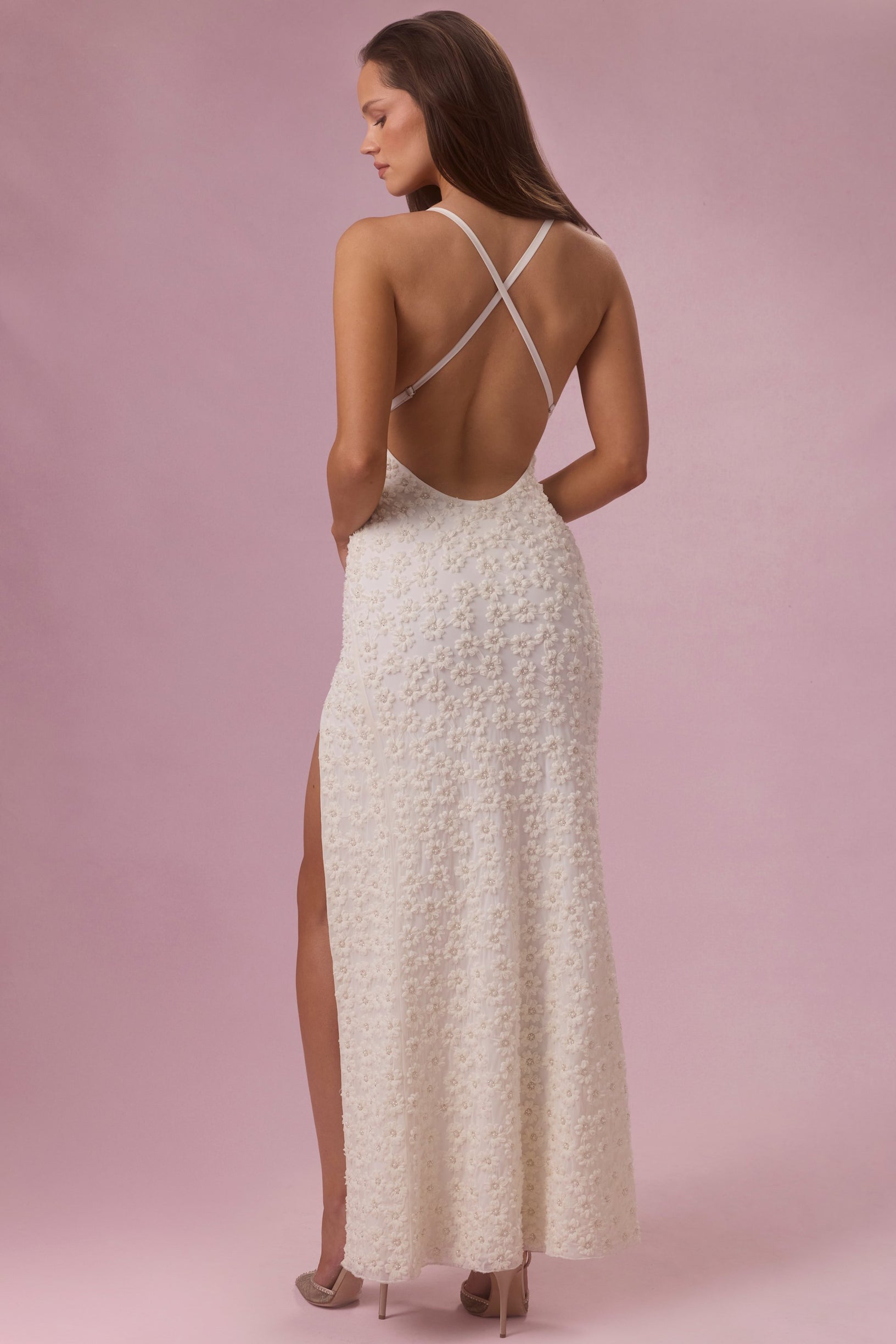 Embellished Square Neck Maxi Dress in Pearl - 2
