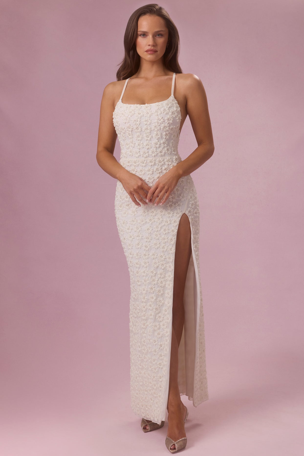 Embellished Square Neck Maxi Dress in Pearl - 5