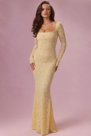 Premium Lace Long-Sleeve Maxi Dress in Butter Yellow