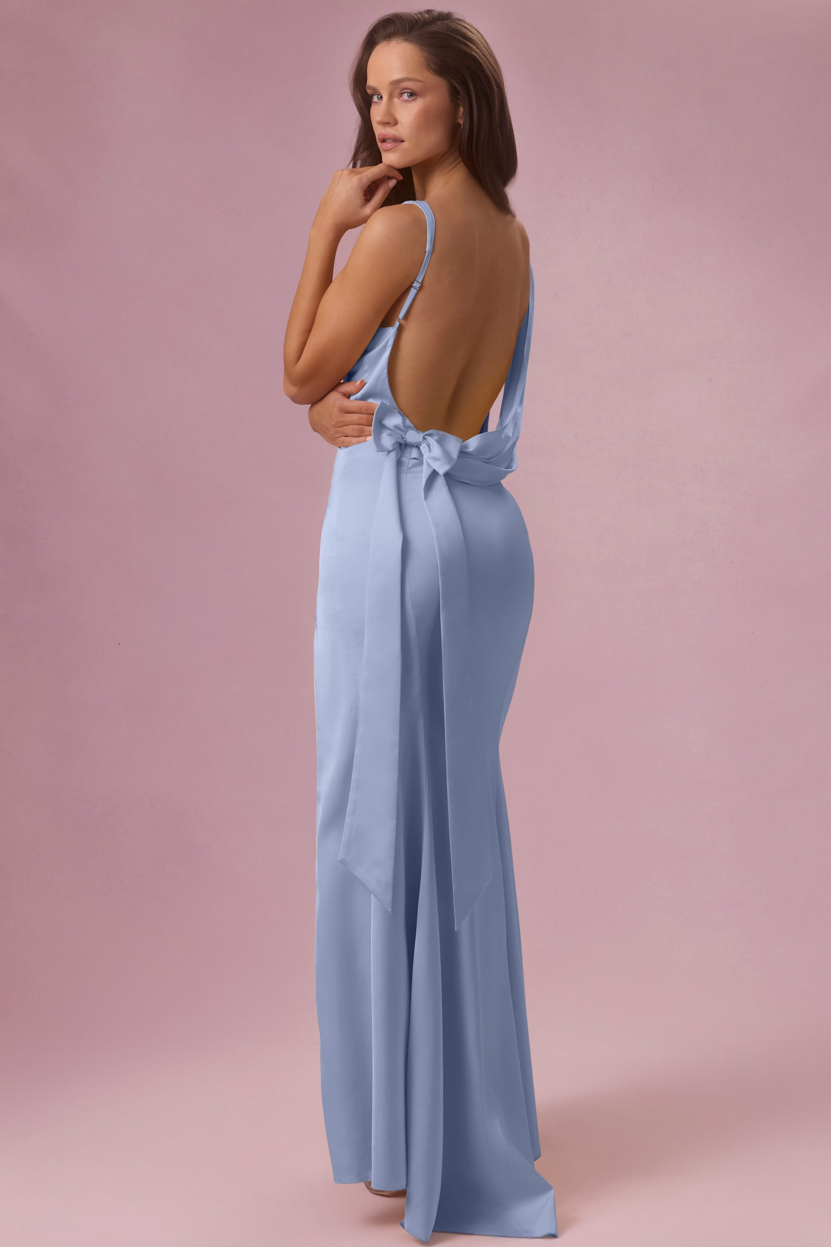 Satin Draped Bridesmaid Dress in Sky Blue - 1