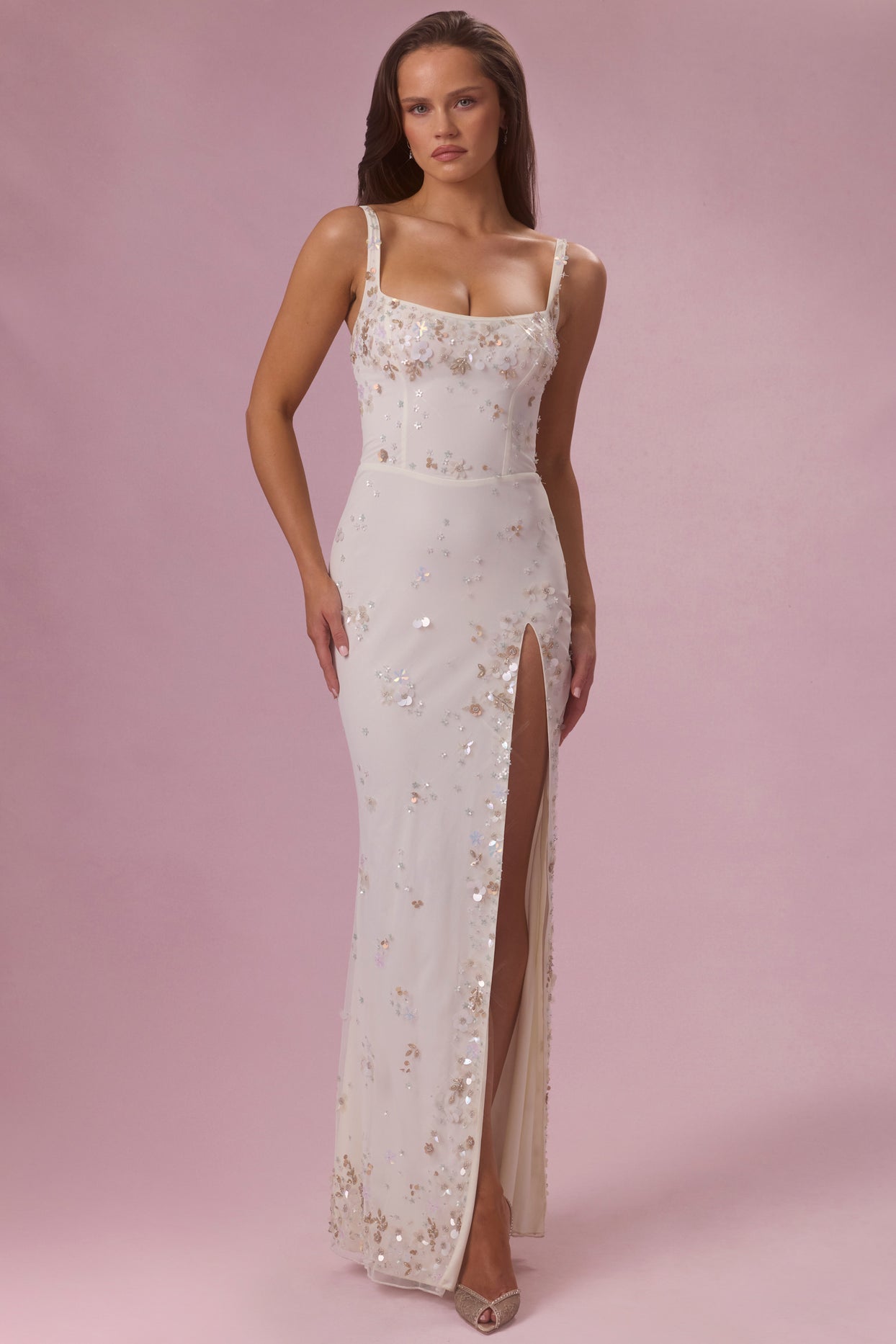 Embellished Corset Maxi Dress in Pearl - 7