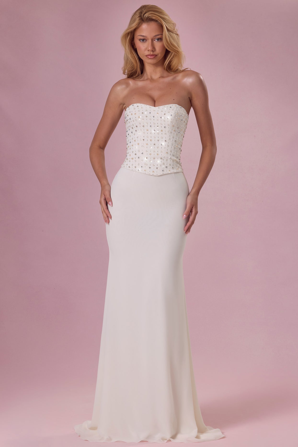 Embellished Corset Strapless Gown in Pearl - 1
