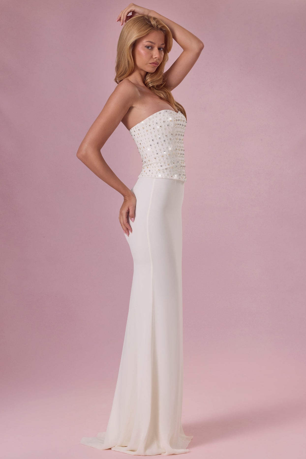 Embellished Corset Strapless Gown in Pearl - 3