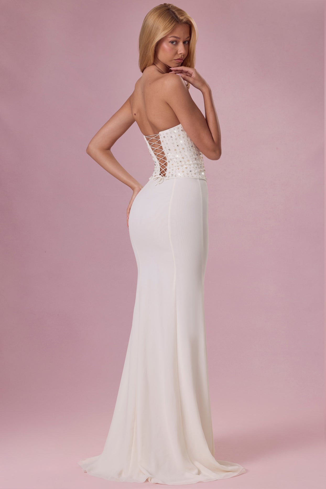 Embellished Corset Strapless Gown in Pearl - 2