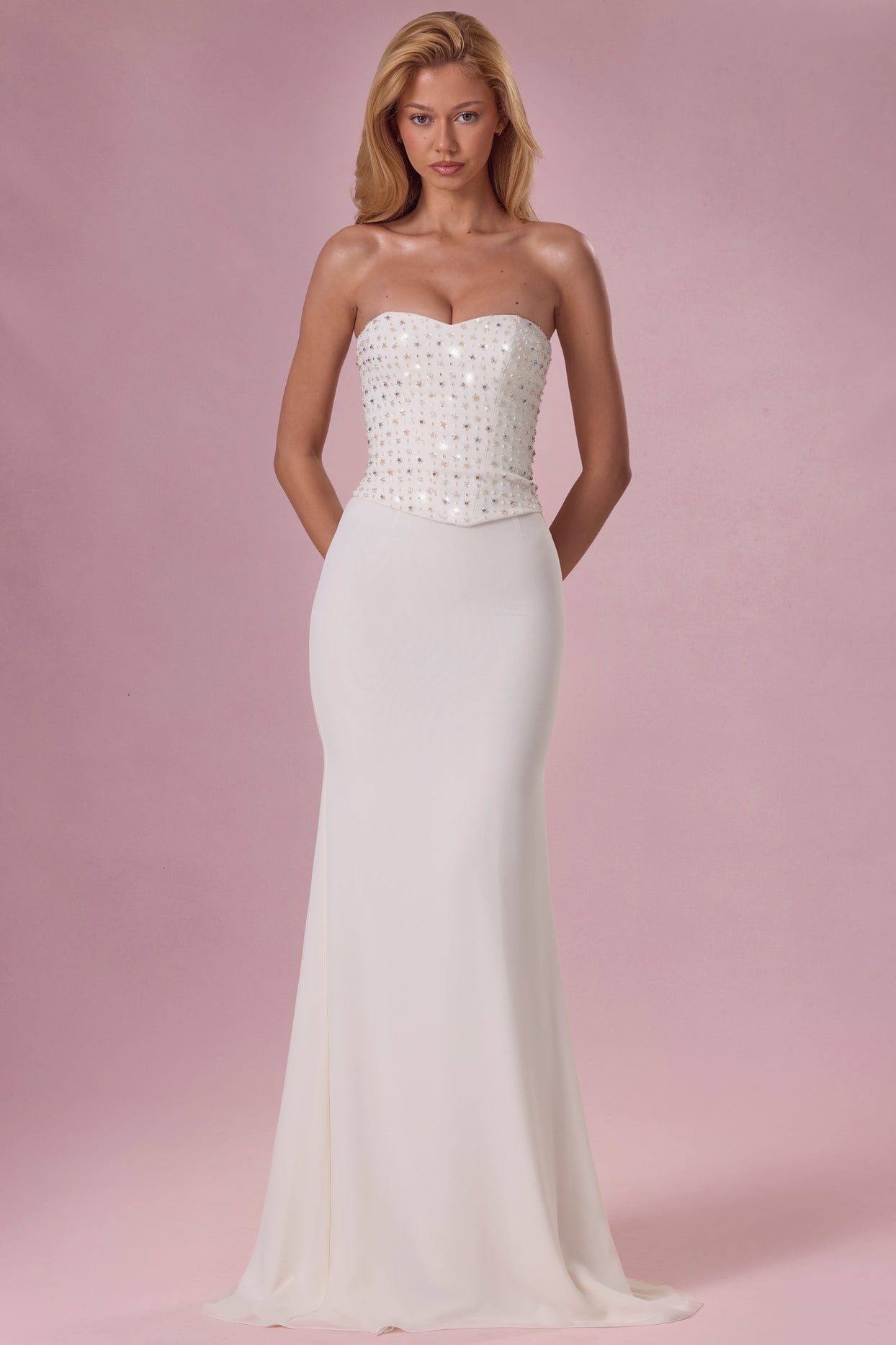 Embellished Corset Strapless Gown in Pearl - 7