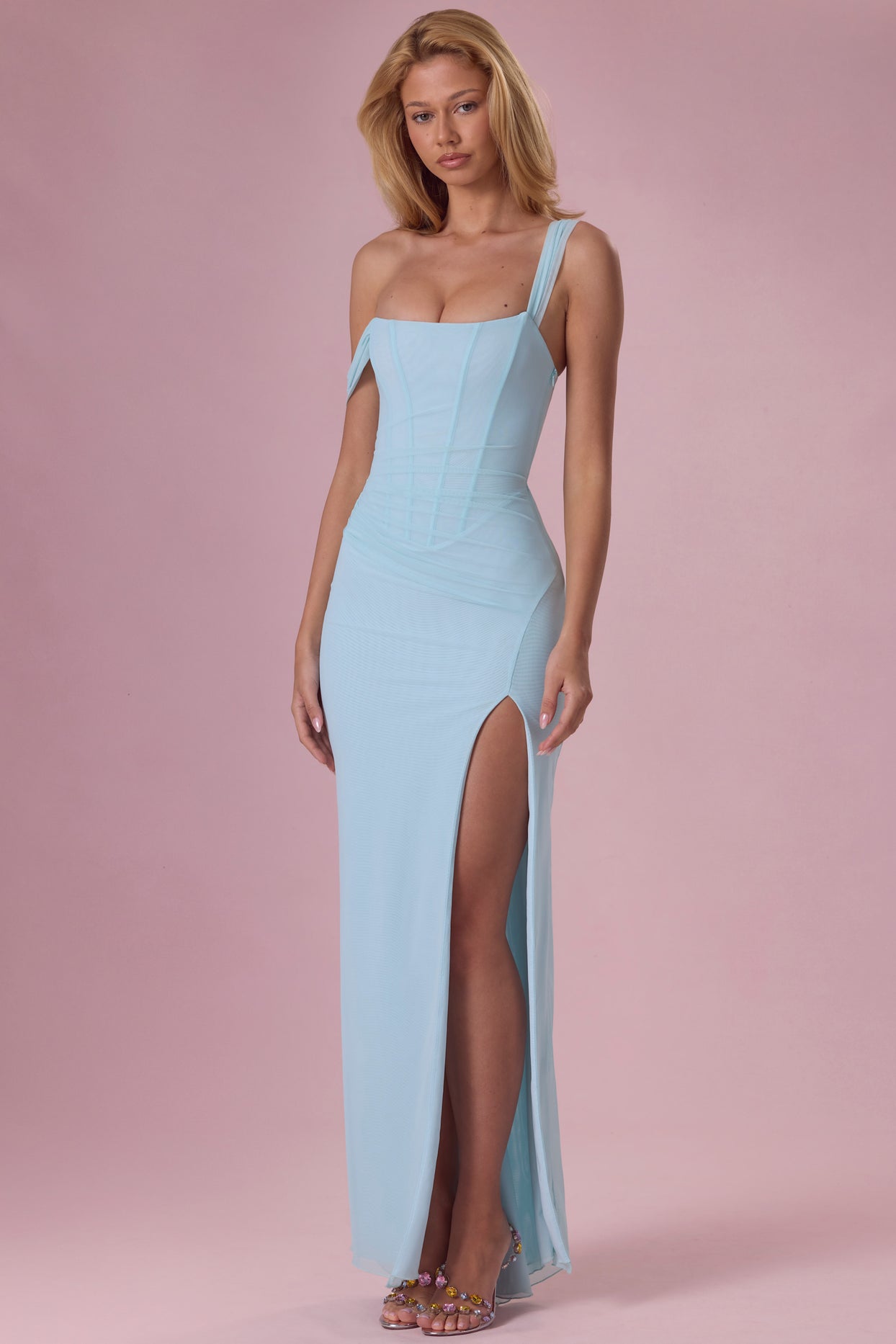 Mesh Draped Corset Gown in Light Blue - 6